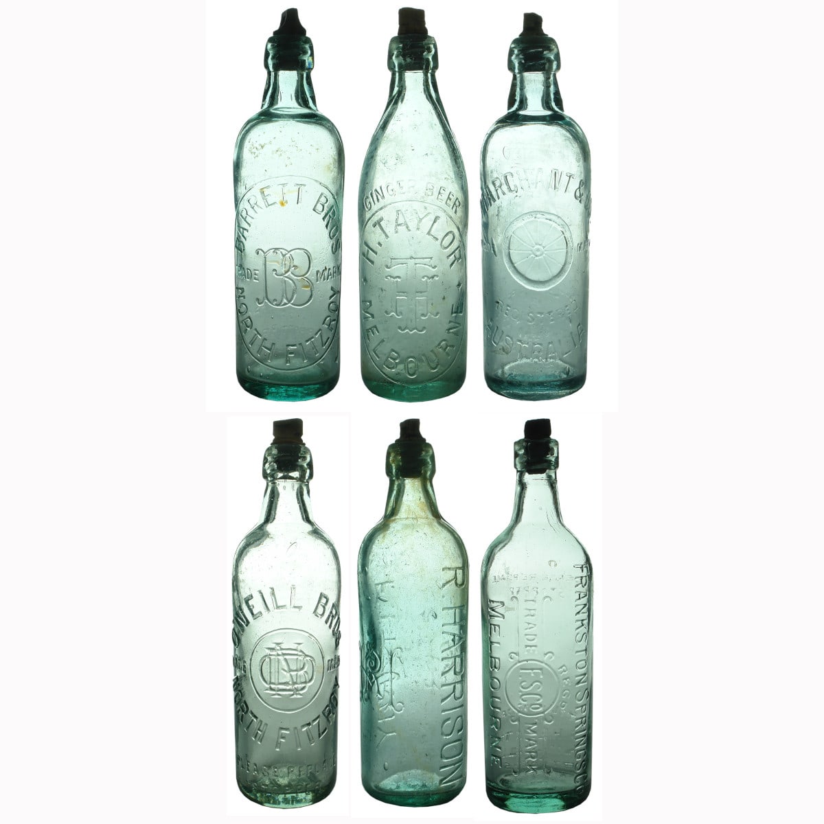 Six Internal Thread Bottles: Barrett; Taylor; Marchant; O'Neill; Harrison; Frankston Springs.