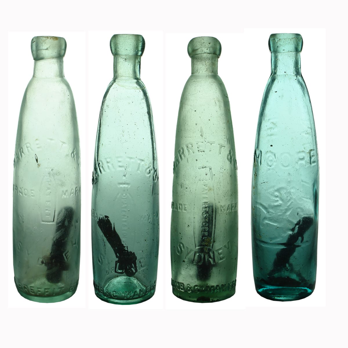 Four Stick Bottles. 3 x Barrett, Sydney; Moore, Newcastle & Maitland.