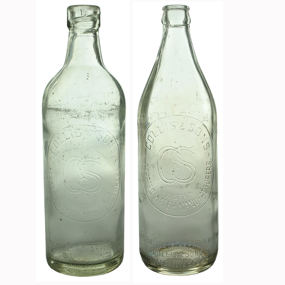 Pair of Collis & Sons, Foster bottles. Internal Thread and Crown Seal.