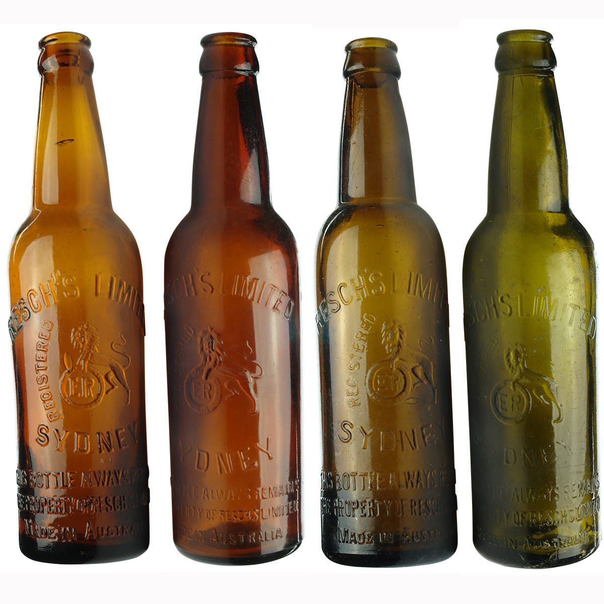 Four variations 13 oz Crown Seal Resch's Limited, Sydney beer bottles.