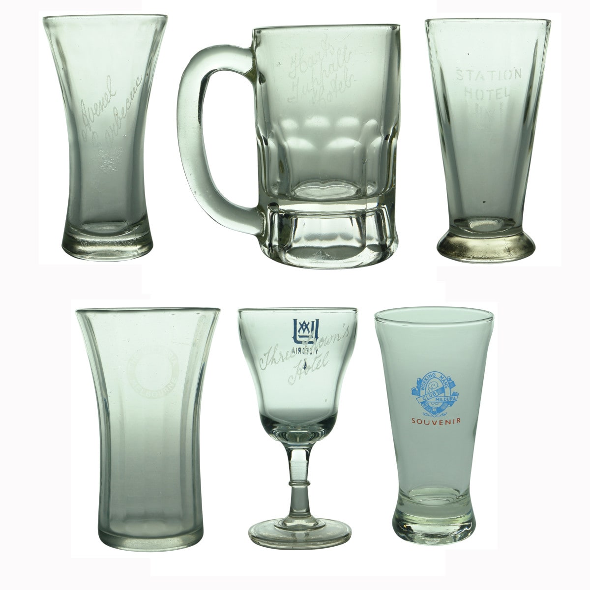 Six Etched or enamelled Beer/Drinking Glases. Pub and Club names.