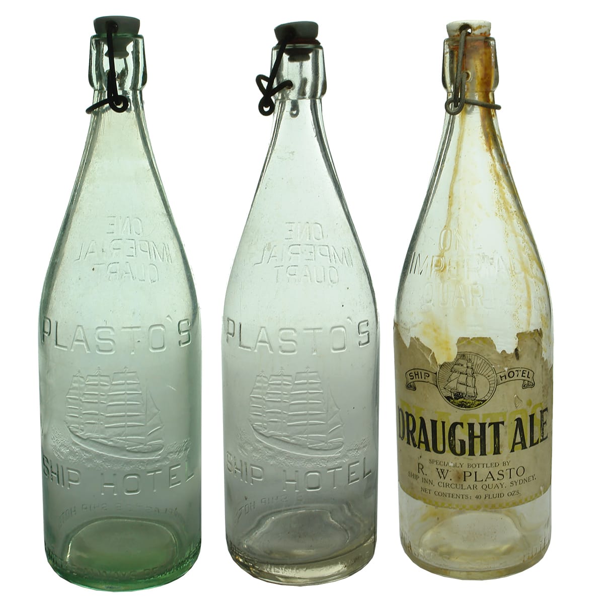 Three Plasto's Ship Hotel Imperial Quart bottles. One with label.