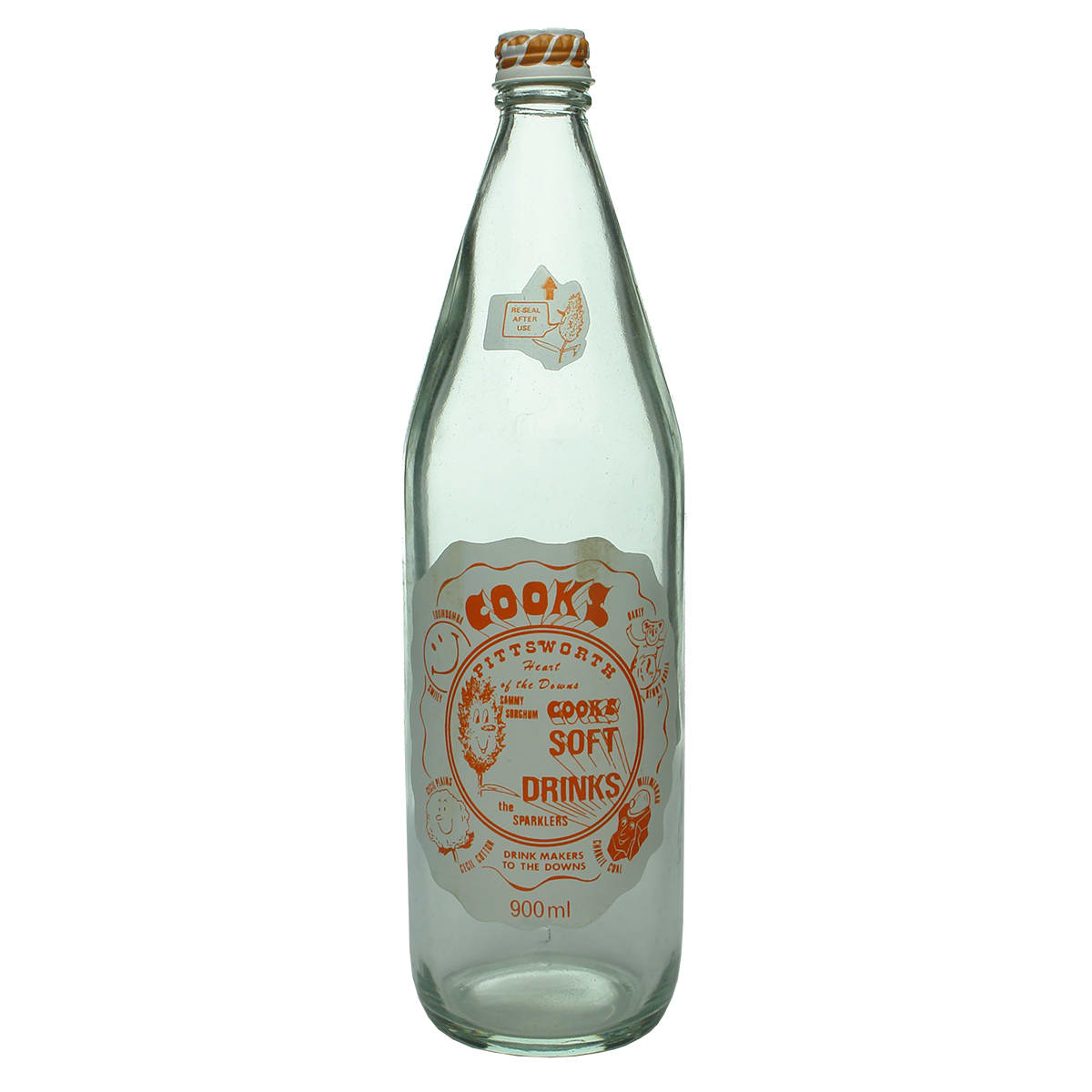 Screw top. Cooks Soft Drinks, Pittsworth. Ceramic Label. Clear. 900 ml.