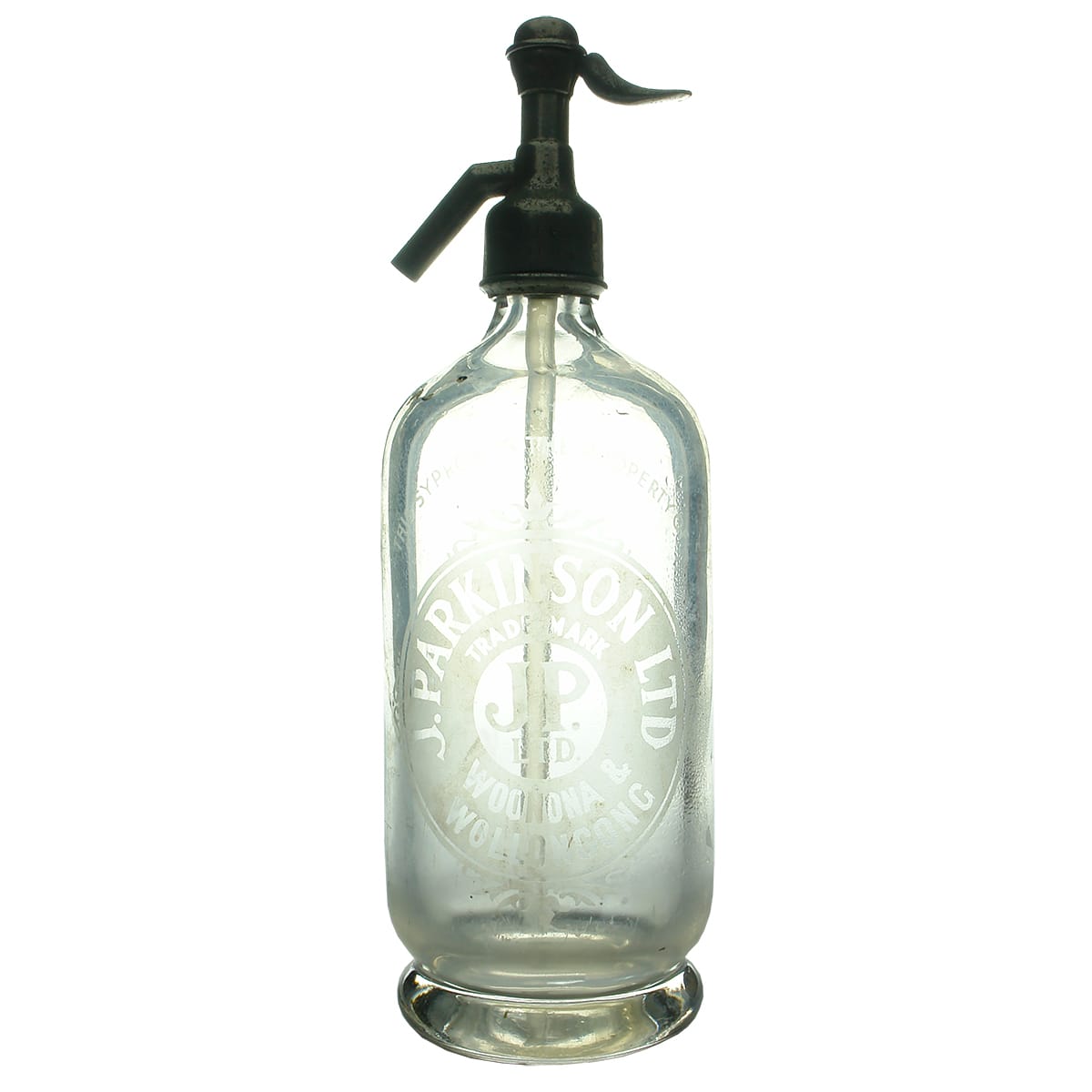 Soda Syphon. J. Parkinson Ltd, Woonona & Wollongong. Round. Clear.