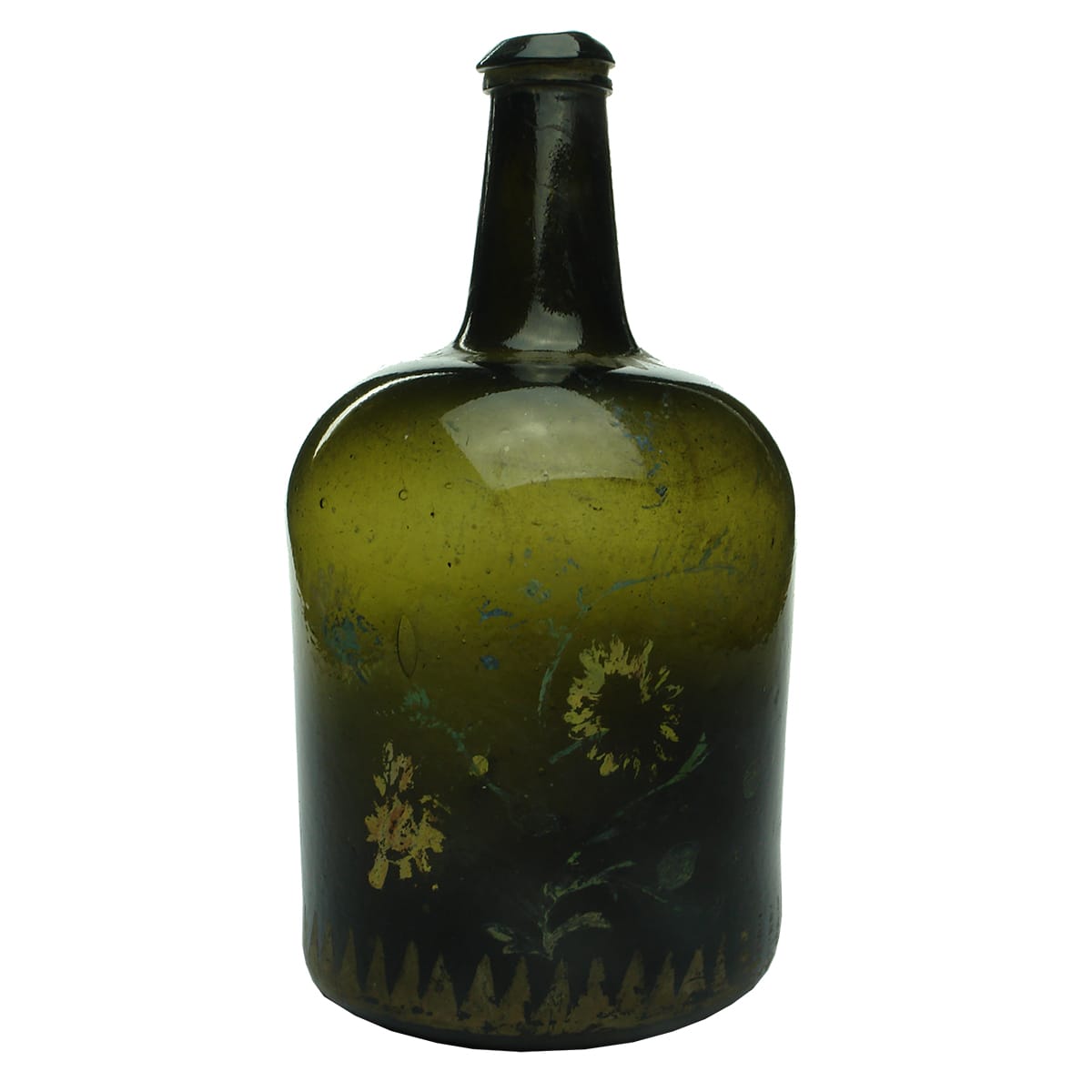 Black Glass. Magnum sized bottle. Early painted flowers decoration.