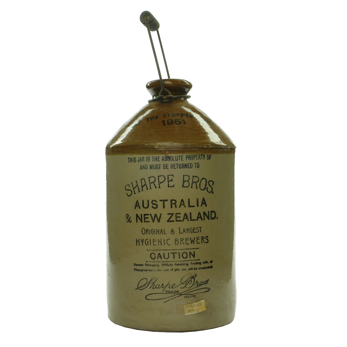 Demijohn. Sharpe Bros., Australia & New Zealand. 1951. Tan Top. 1 Gallon.