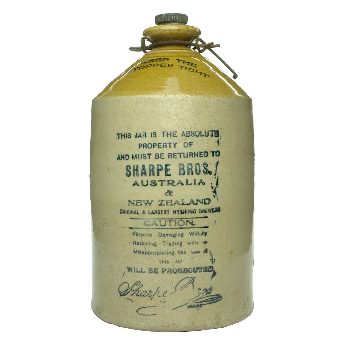 Demijohn. Sharpe Bros., Australia & New Zealand. Bendigo Pottery. Tan Top. 1 Gallon.