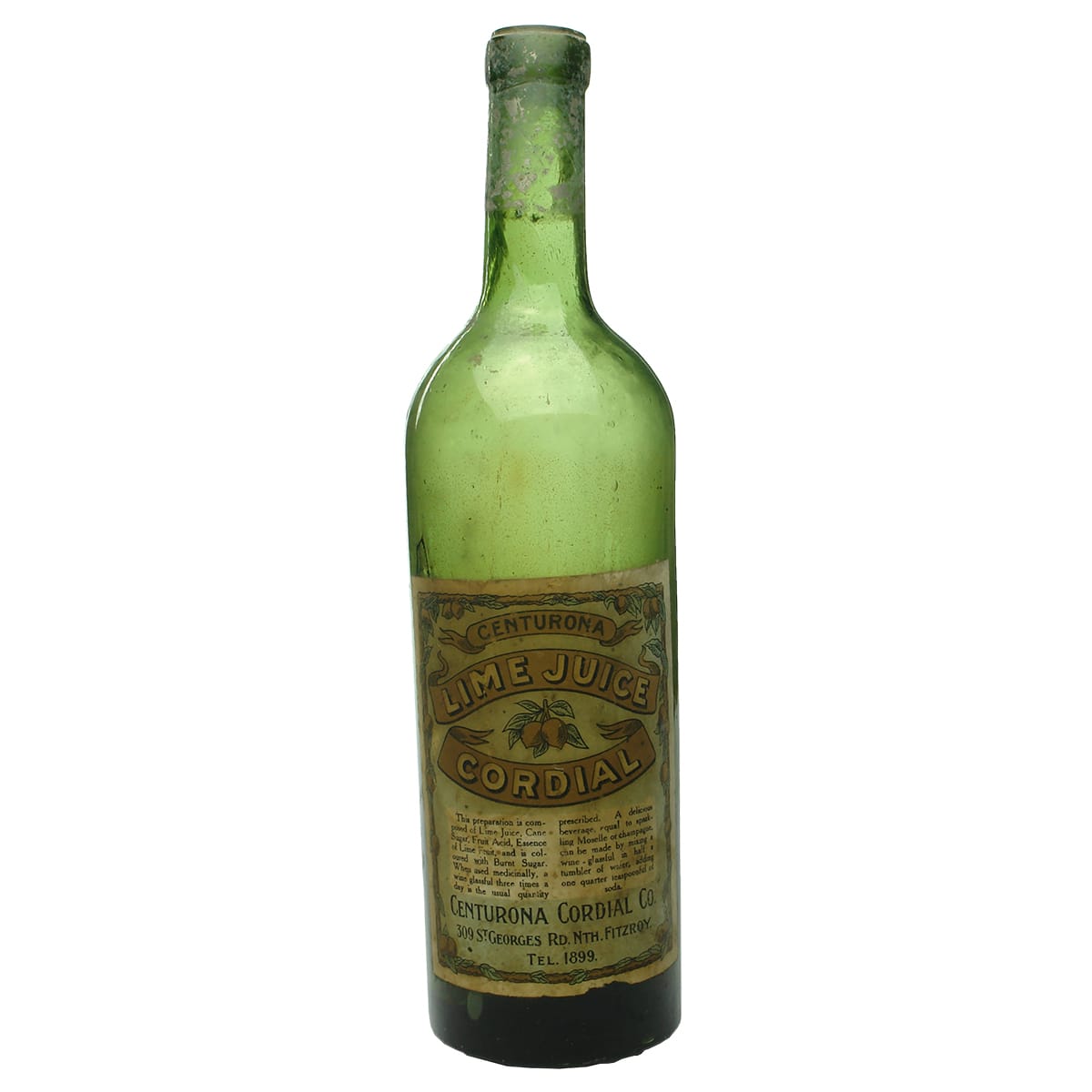 Cordial. Labelled. Centurona, Lime Juice, North Fitzroy. Plain Bottle. 26 oz.
