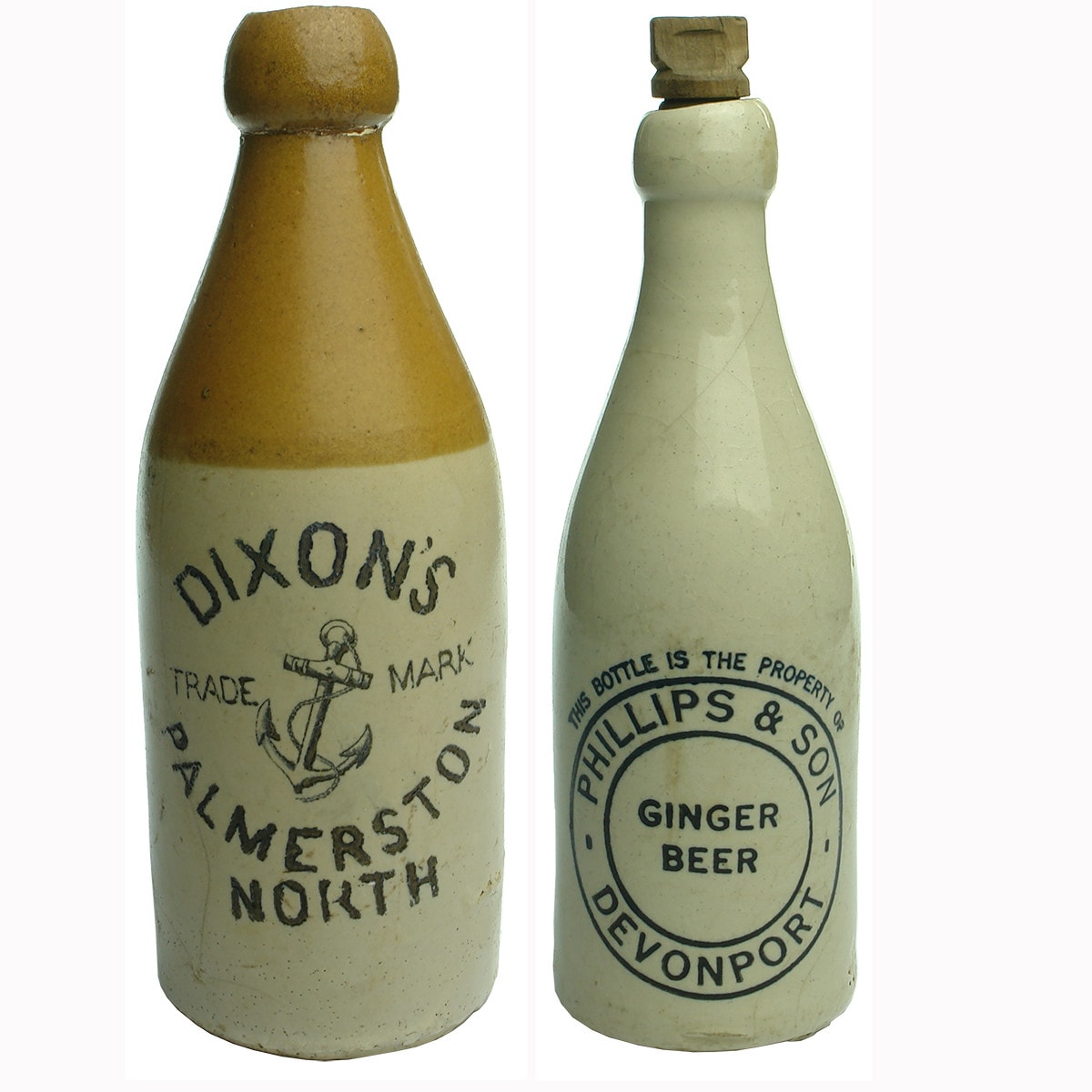 Pair of Ginger Beers: Dixon's, Palmerston North and Phillips, Devonport.