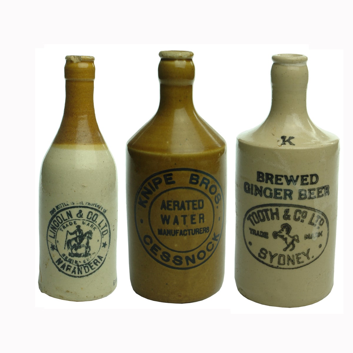 Three Crown Seal Ginger Beers: Lincoln, Narandera; Knipe Bros., Cessnock; Tooth & Co Ltd, Sydney.