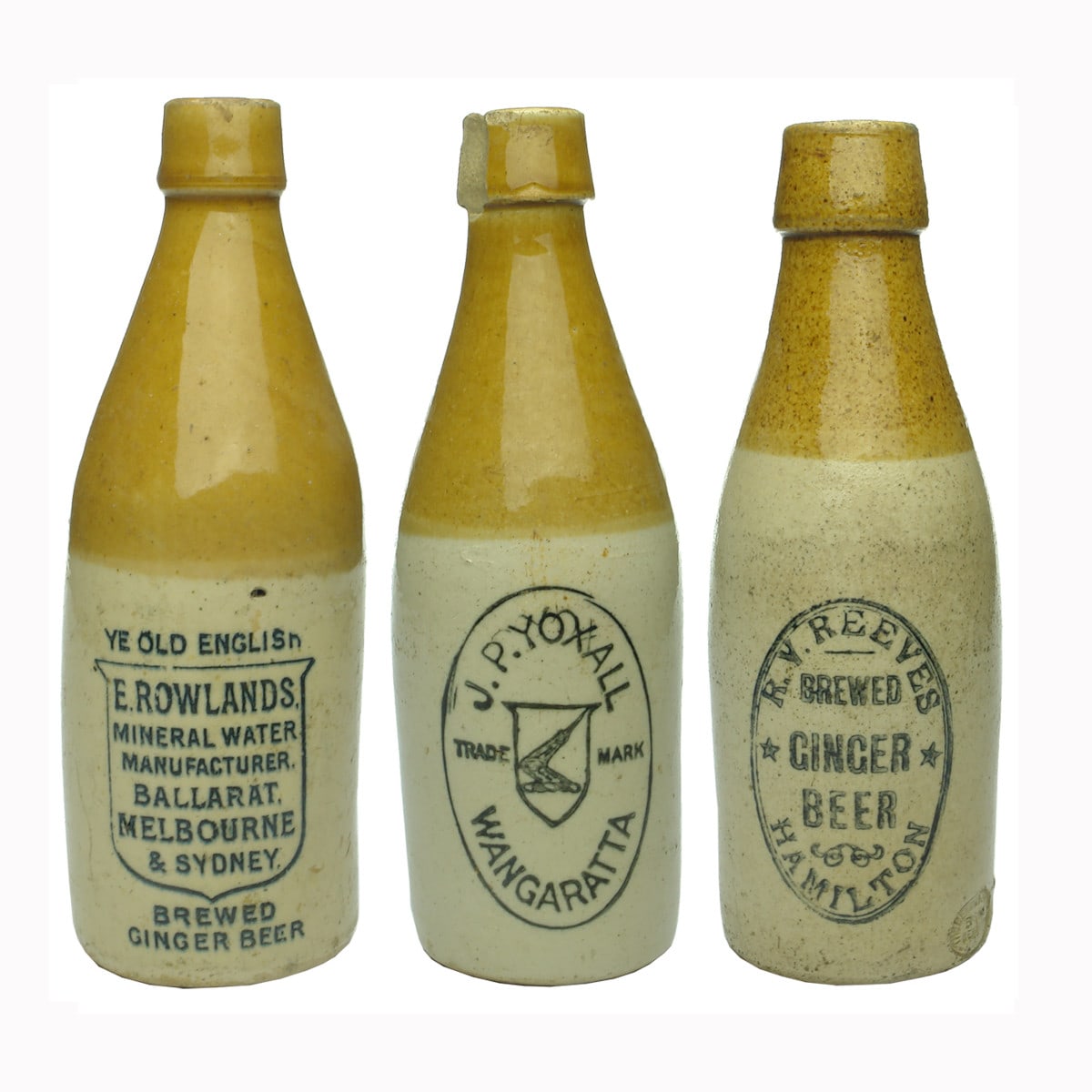 Three Ginger Beers: Rowlands; Yoxall, Wangaratta; Reeves, Hamilton.