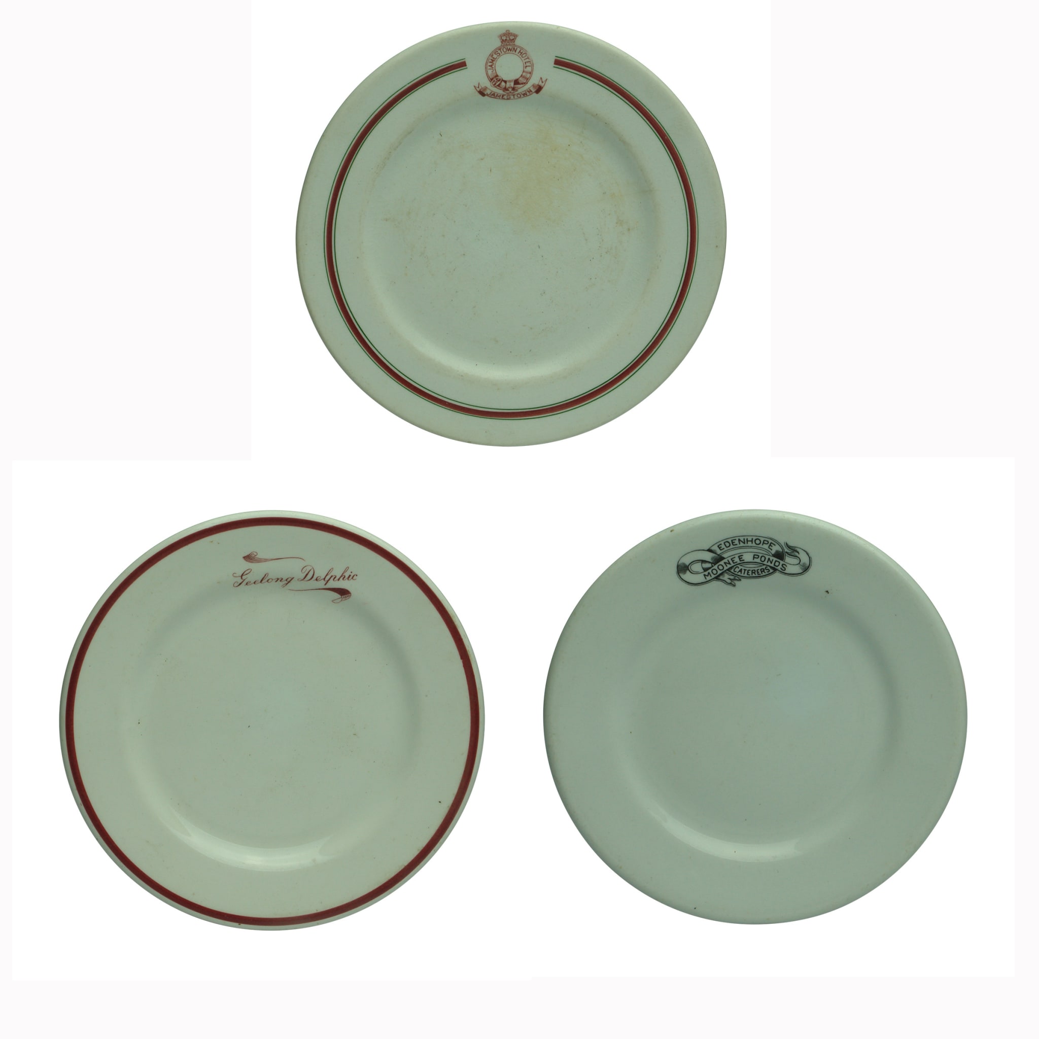 Three Hotelware Plates: Jamestown Hotel; Geelong Delphic; Edenhope Caterers.