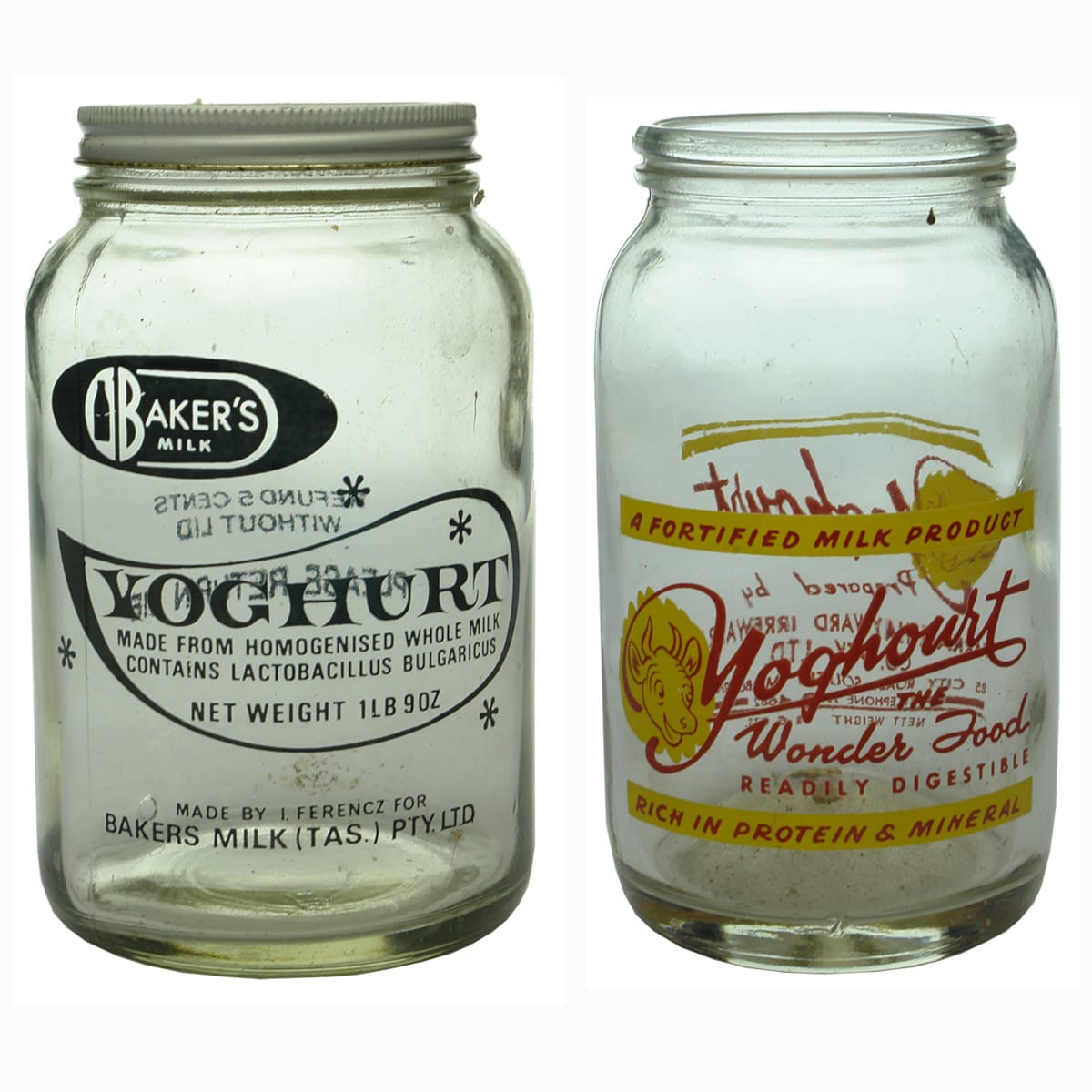 Pair of Ceramic Label Yoghurt Jars: Bakers Tasmania and Irrewarra, South Melbourne.