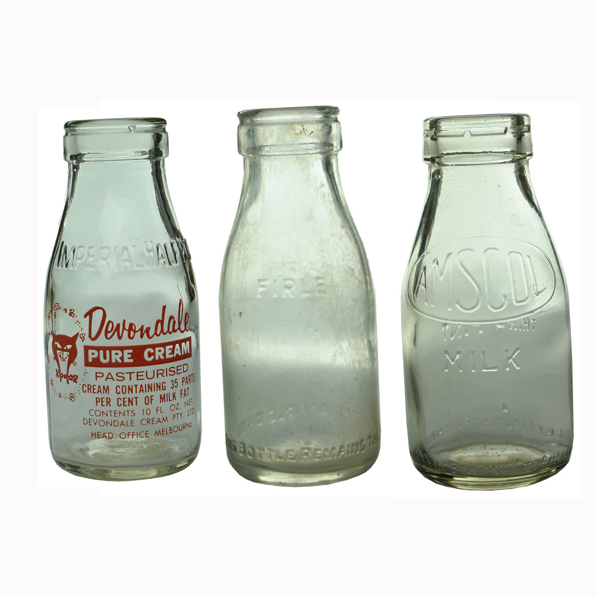 Three Milk/Cream Bottles: Devondale; Firle; Amscol.