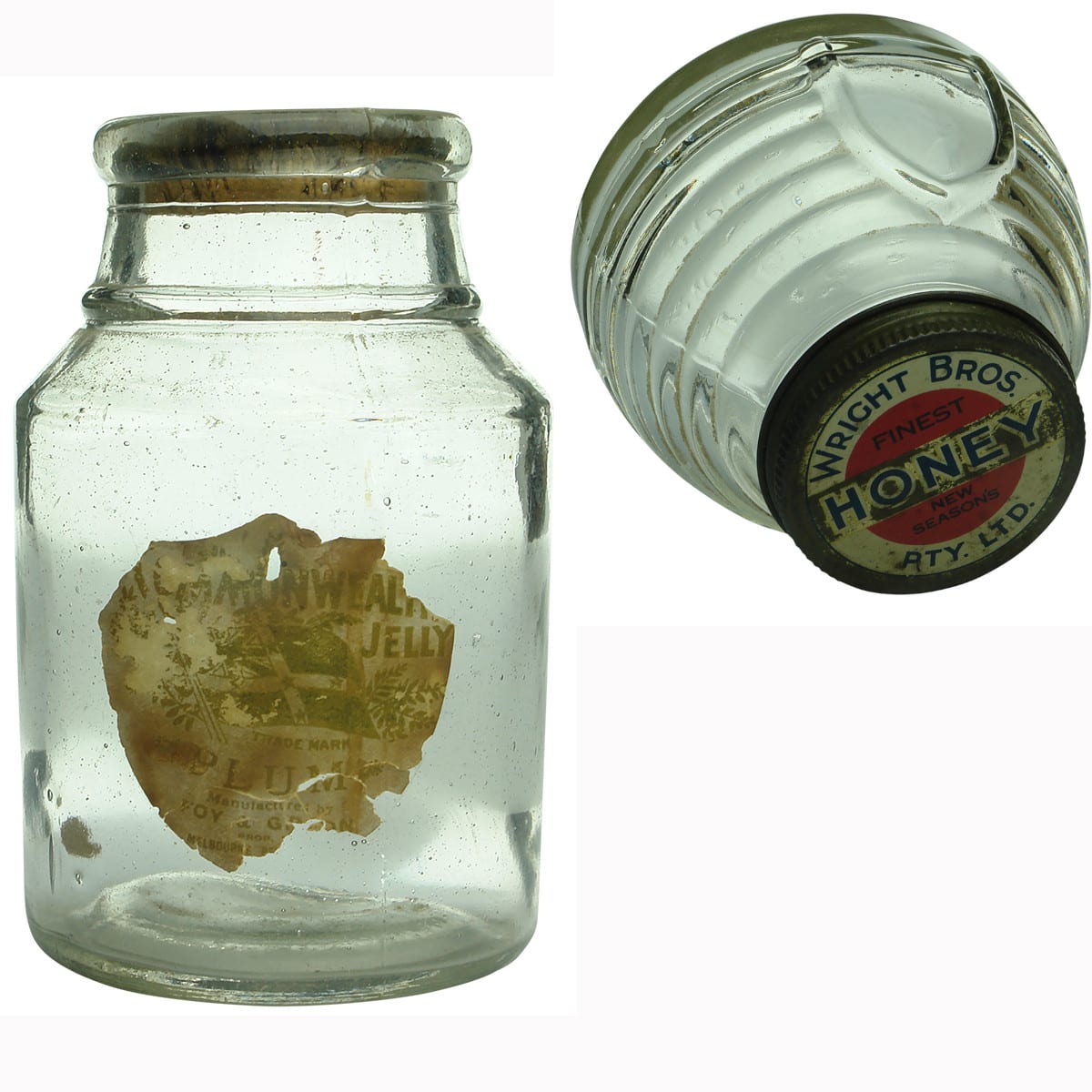 Pair of Jars: Plain jam jar with Commonwealth Jelly label and Beehive shape Honey Jar from Wright Bros Prahran.