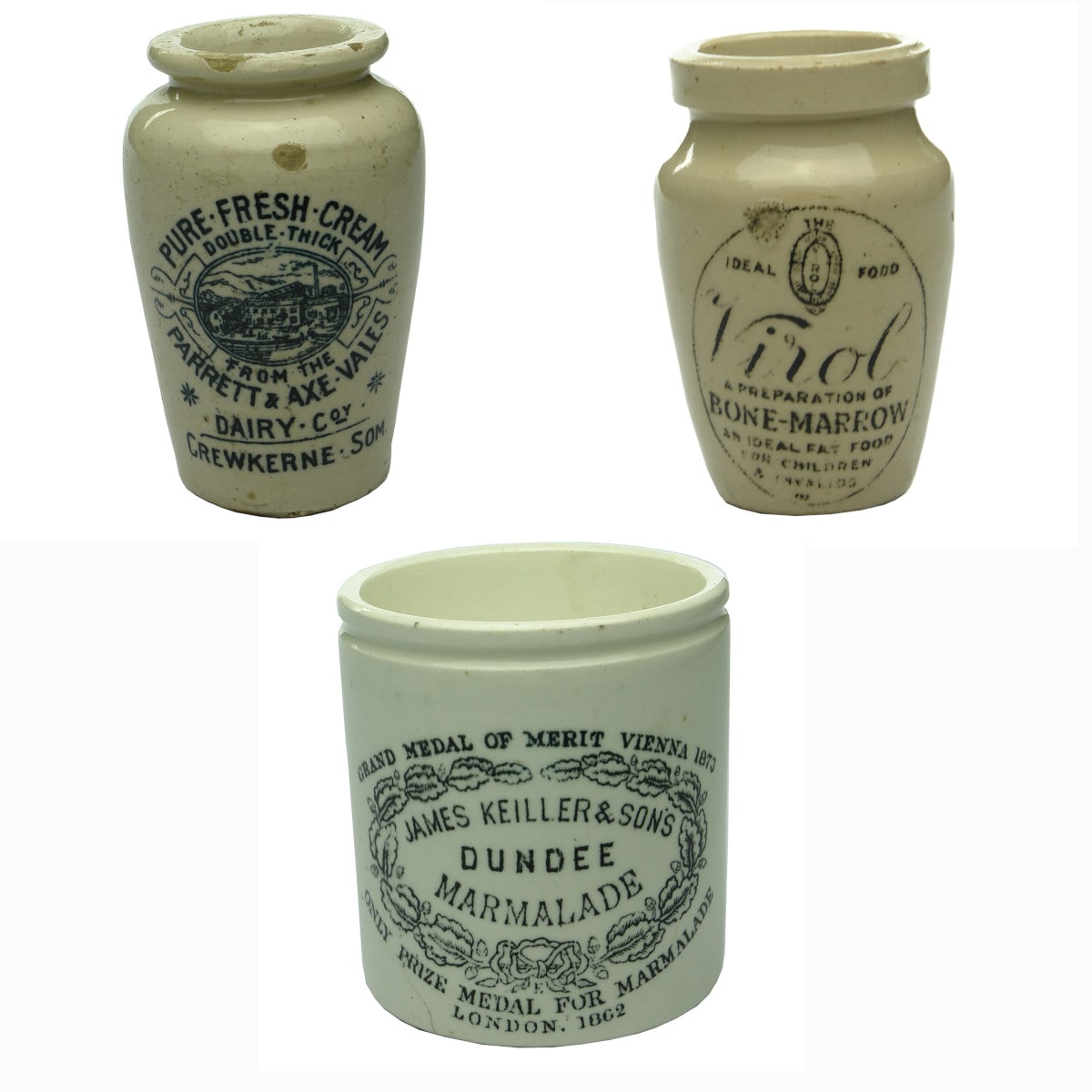 Three pieces of printed pottery: Parrett & Axe Vales Dairy Cream Pot; Virol Jar; Keiller Marmalade.