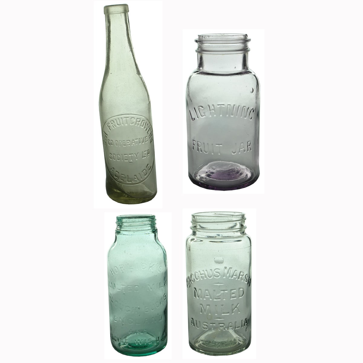 Four Household Bottles/Jars: Lightning Fruit Jar; SA Fruitgrowers Sauce; Horlicks Malted Milk; Bacchus Marsh Malted Milk.