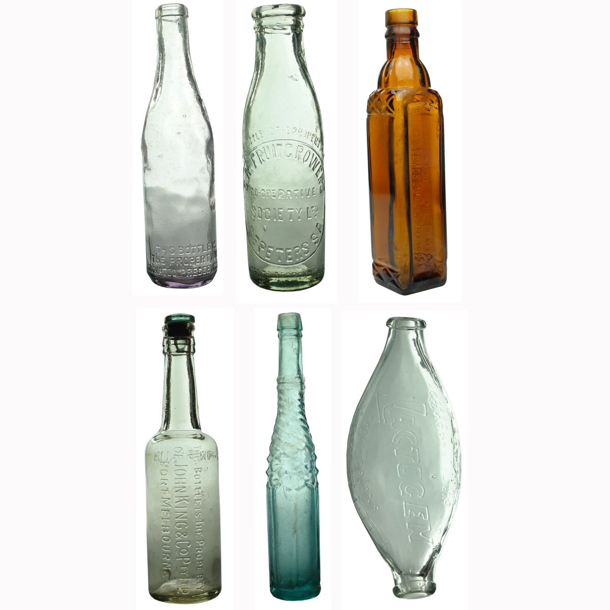 Six Household Bottles: Cockatoo, SA Fruitgrowers, Brookes, John King, Whirly, Lactogen.