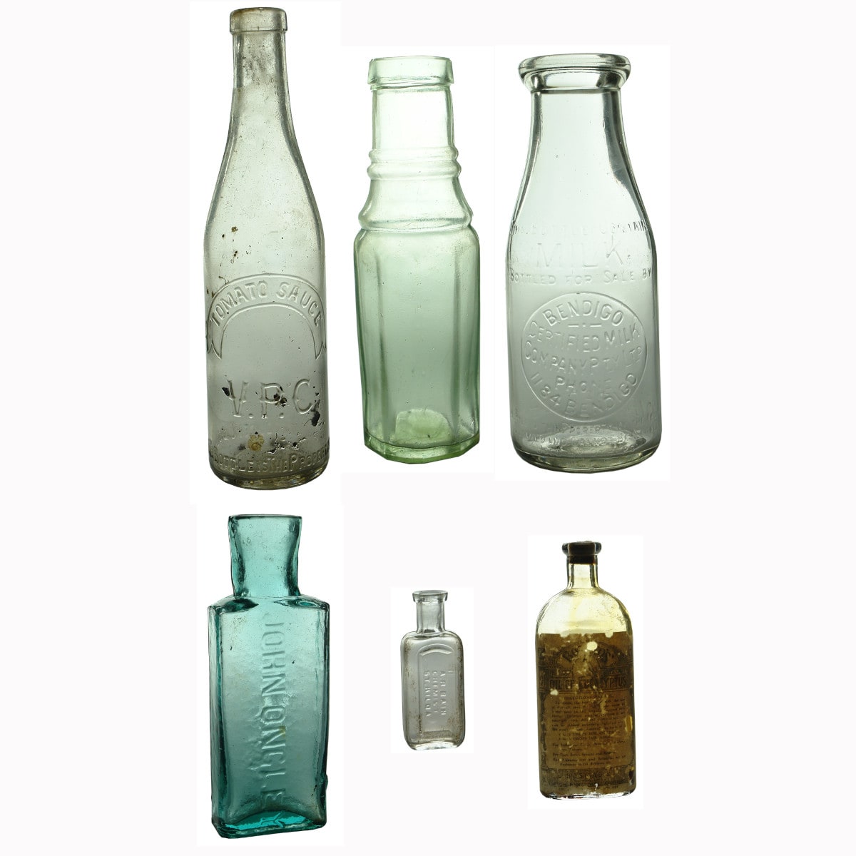 Six Bottles: VPC Sauce; Goldfields Pickle; Bendigo Milk; Ongley Oyster Jar; Bain St Kilda chemist; Bosisto Eucalyptus.