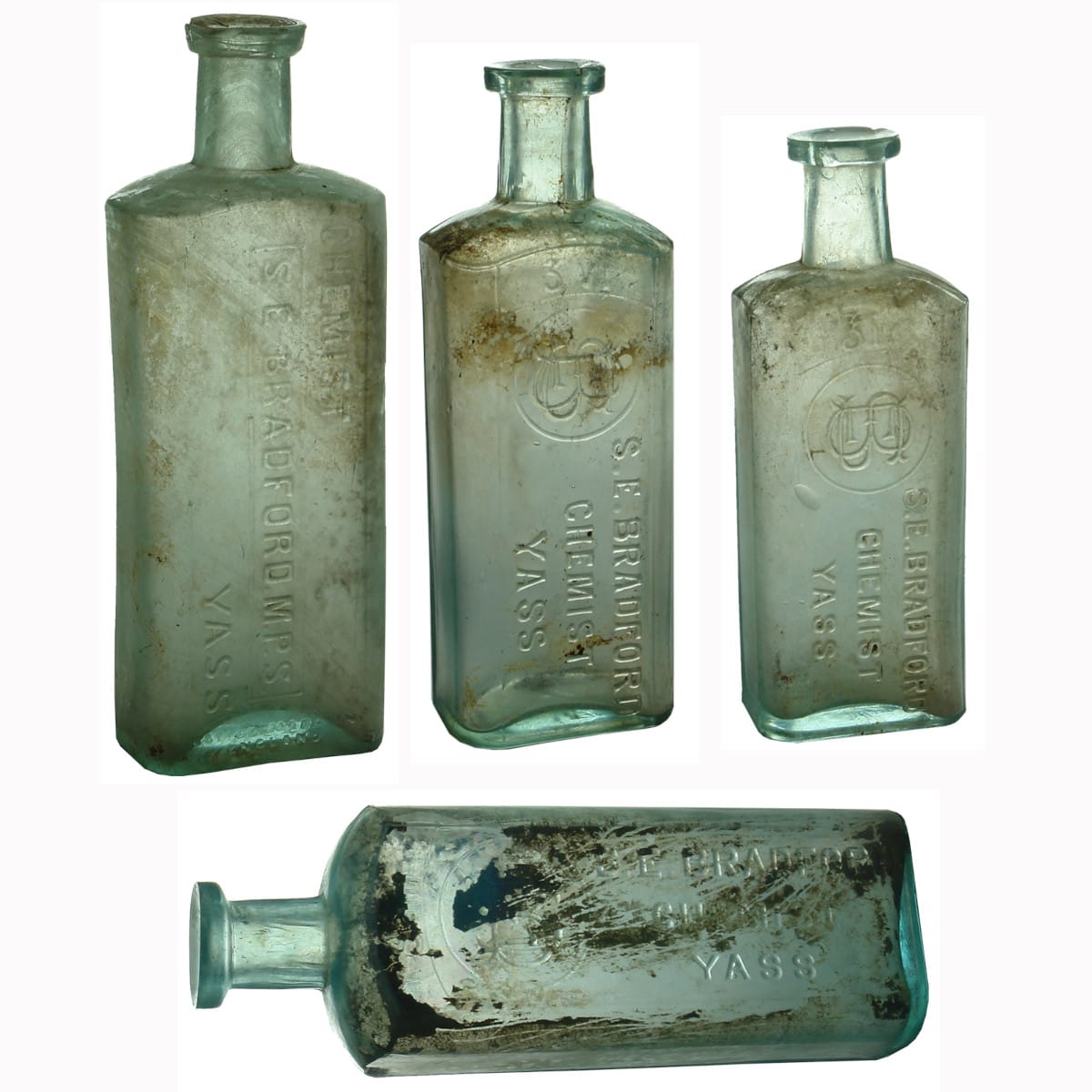 Four different Bradford, Yass Chemist Bottles