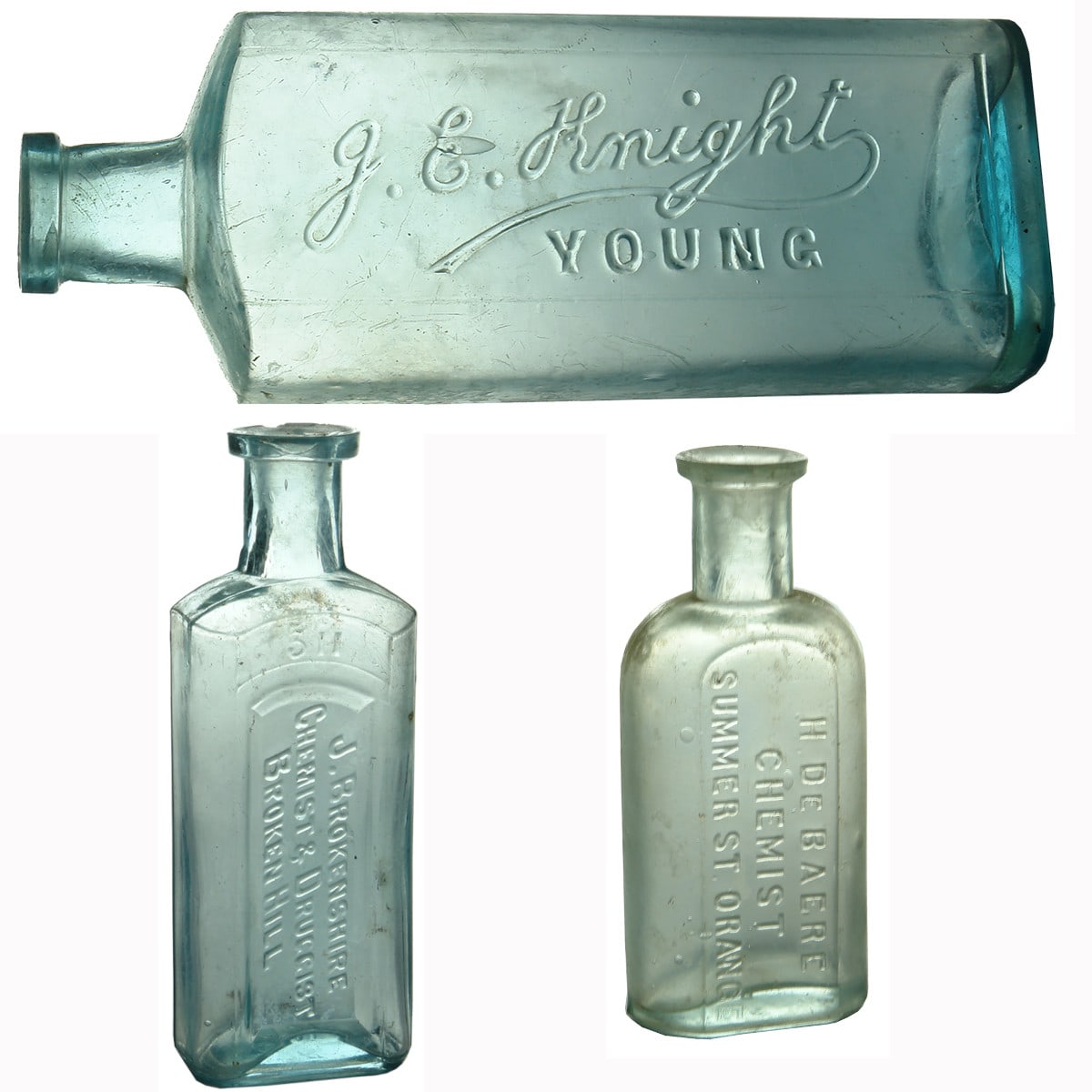 Three country NSW Chemist Bottles: Knight, Young; Brokenshire, Broken Hill; De Baere, Orange.