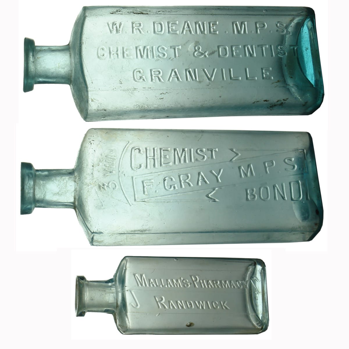 Three Suburban Sydney Chemist Bottles: Deane, Granville; Gray, Bondi; Mallam's, Randwick.