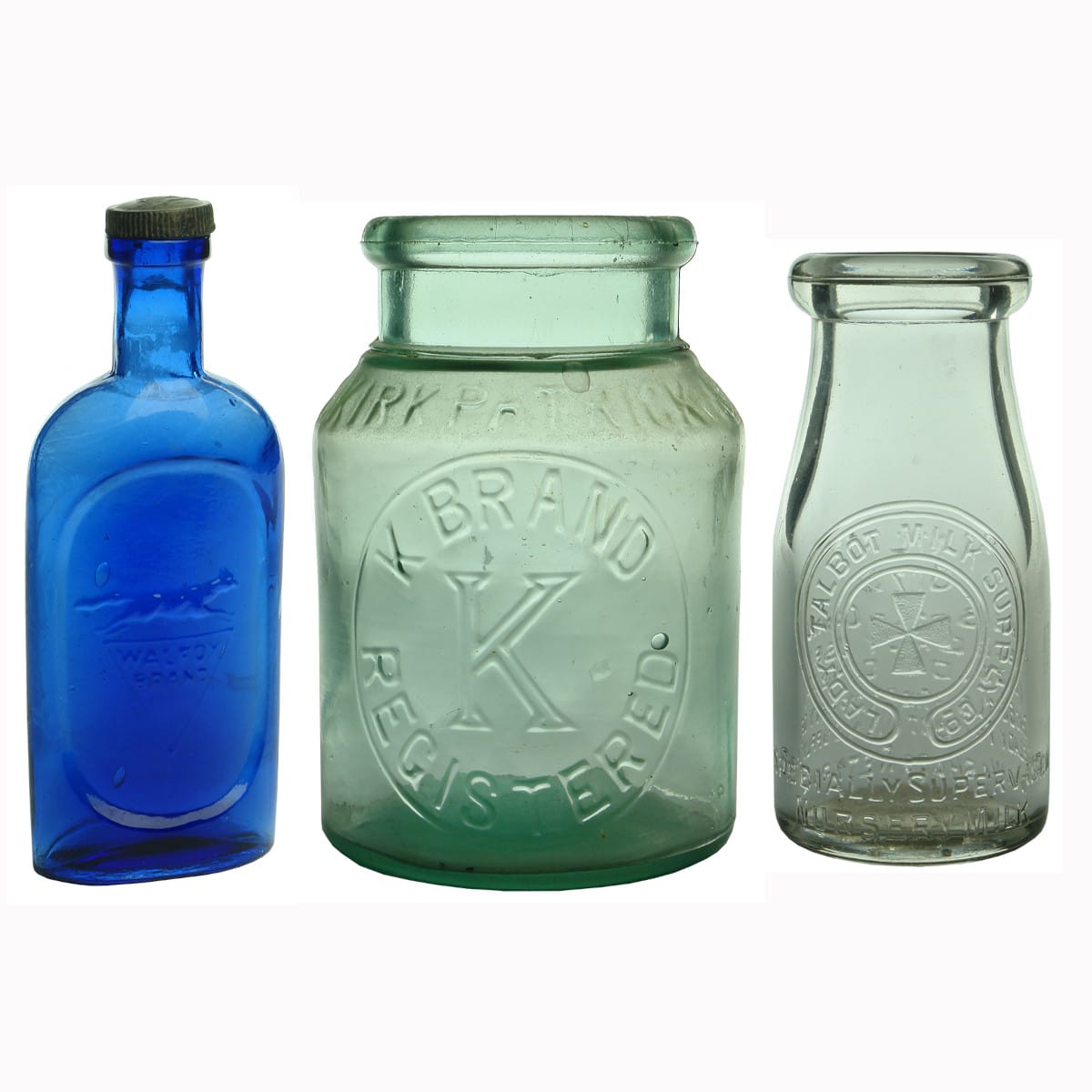 Three Assorted Bottles: Walfox; Kirkpatrick Jam; Lady Talbot Milk.