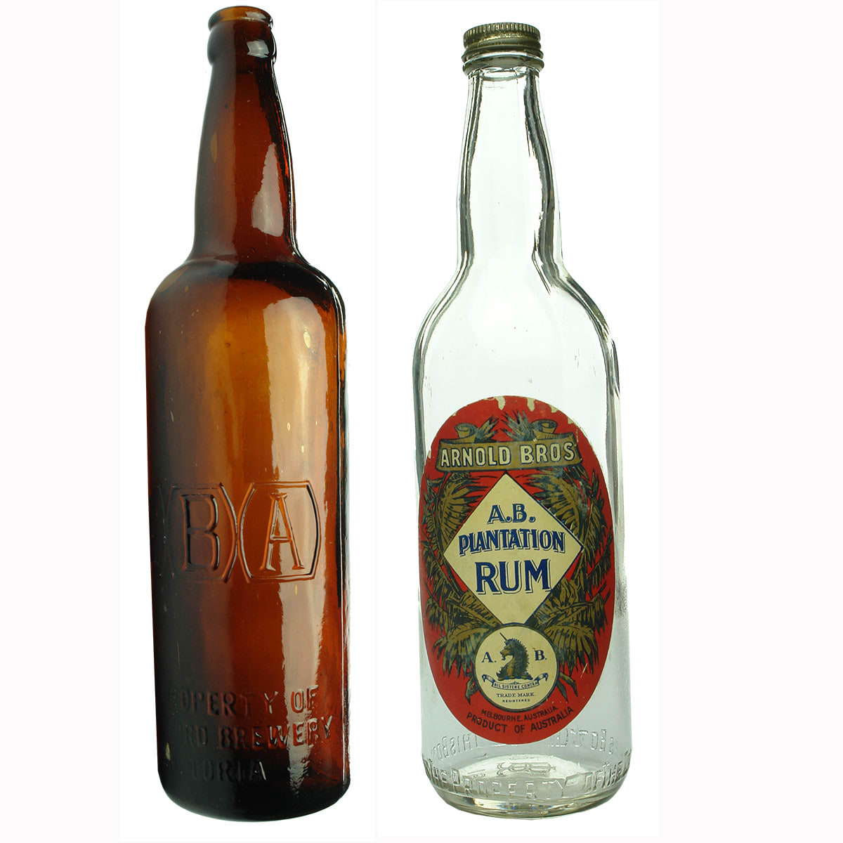 Pair of Melbourne Bottles: ABA Beer; Labelled Arnold Bros. Plantation Rum.