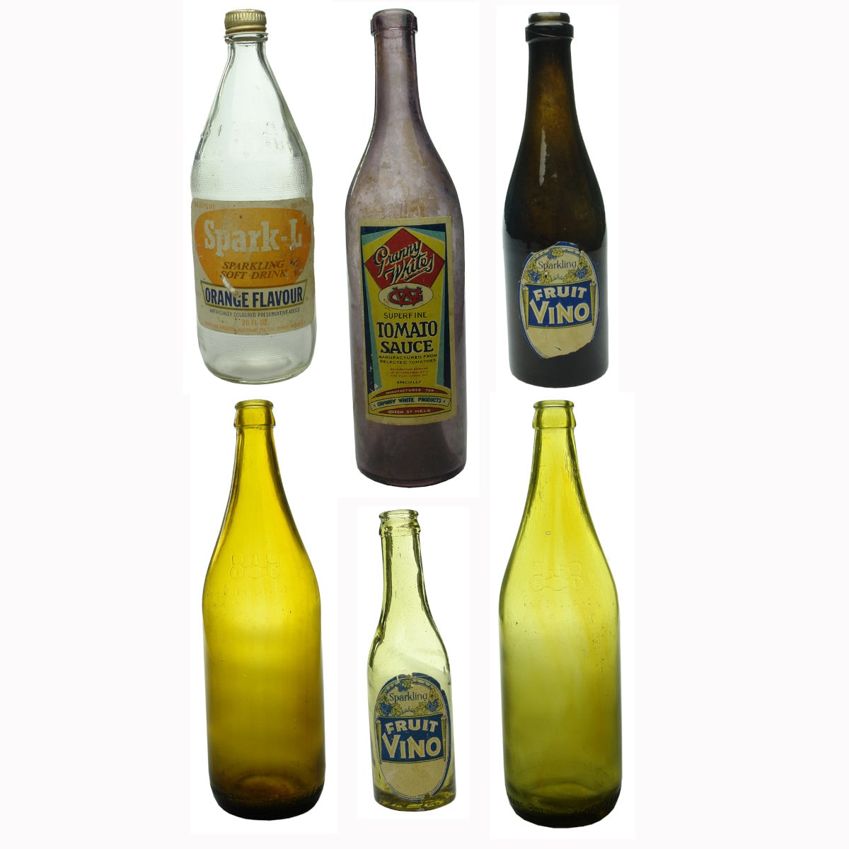 Four labelled bottles and two later BEB beers: Spark-L Orange Flavour labelled One Trippa; Granny Whites Sauce; 2 x Sparkling Fruit Vino; 2 x Honey Amber BEB modern beers.