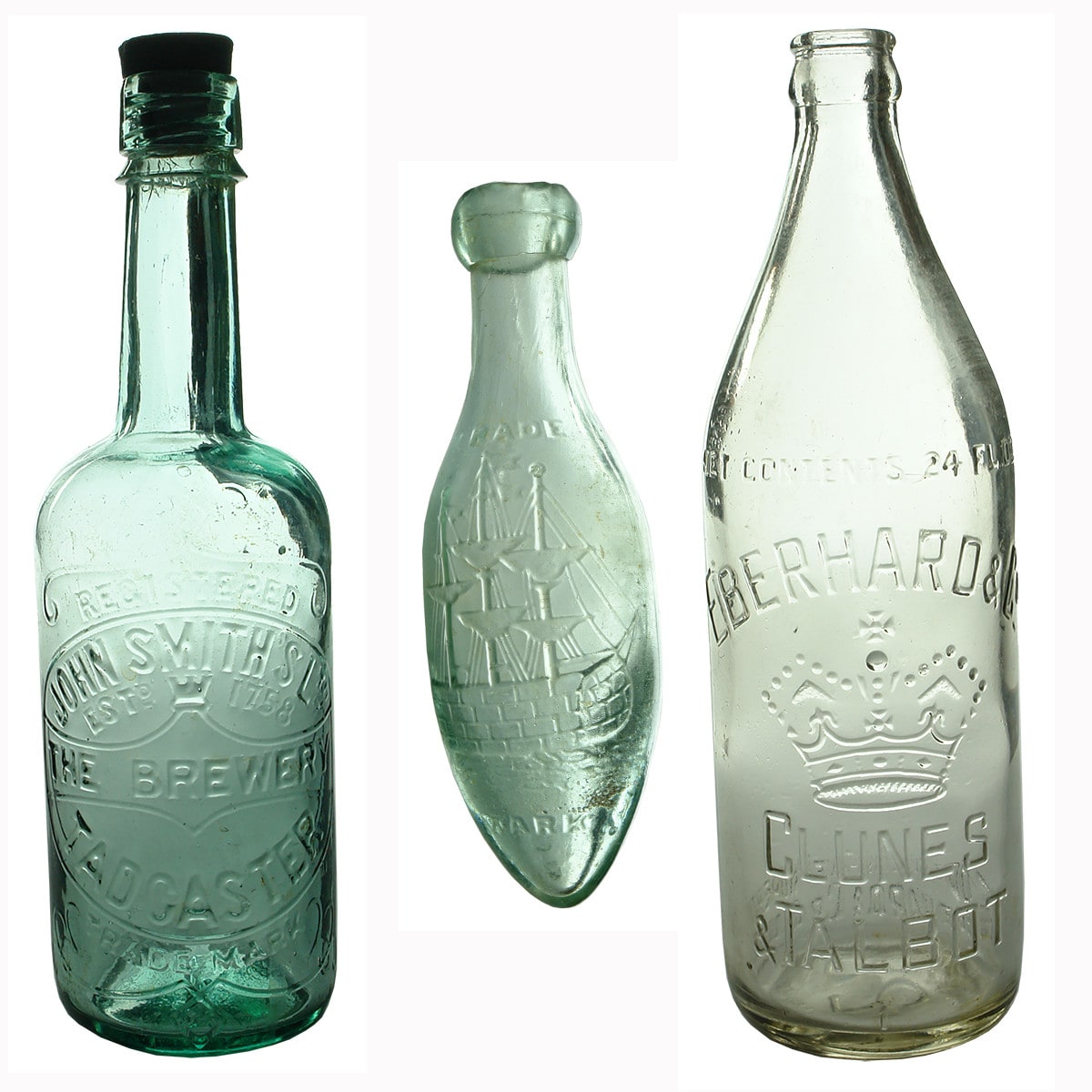 Three Bottles: John Smith Tadcaster beer; Westmacott Manchester torpedo; Eberhard Clune & Talbot crown seal.