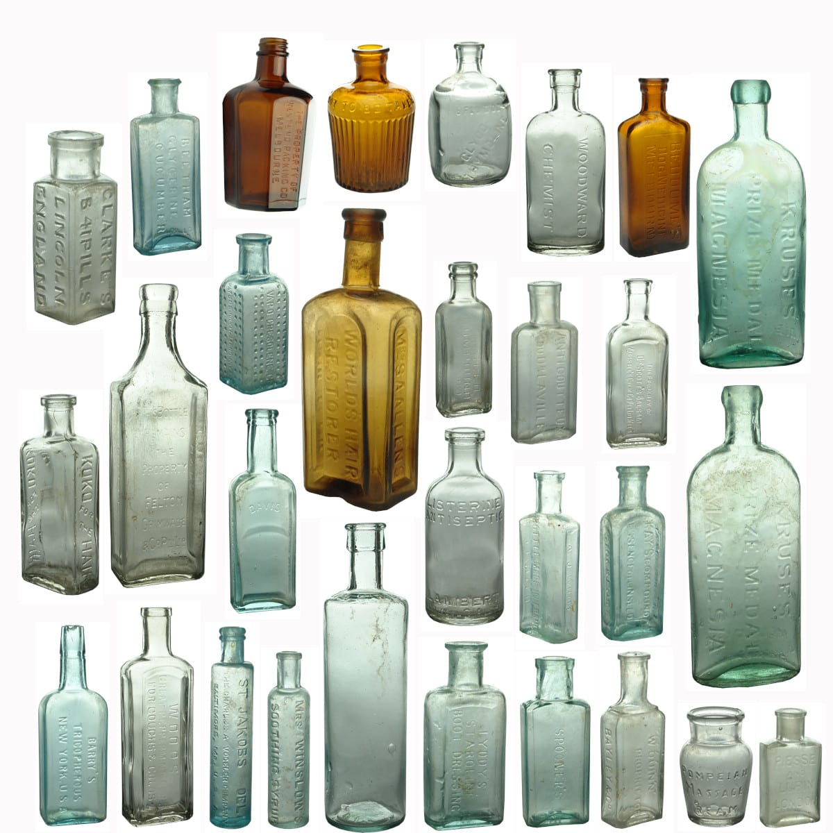 30 assorted small bottles: Lysol; Poison; Medicine; Cure; Perfume; and more!
