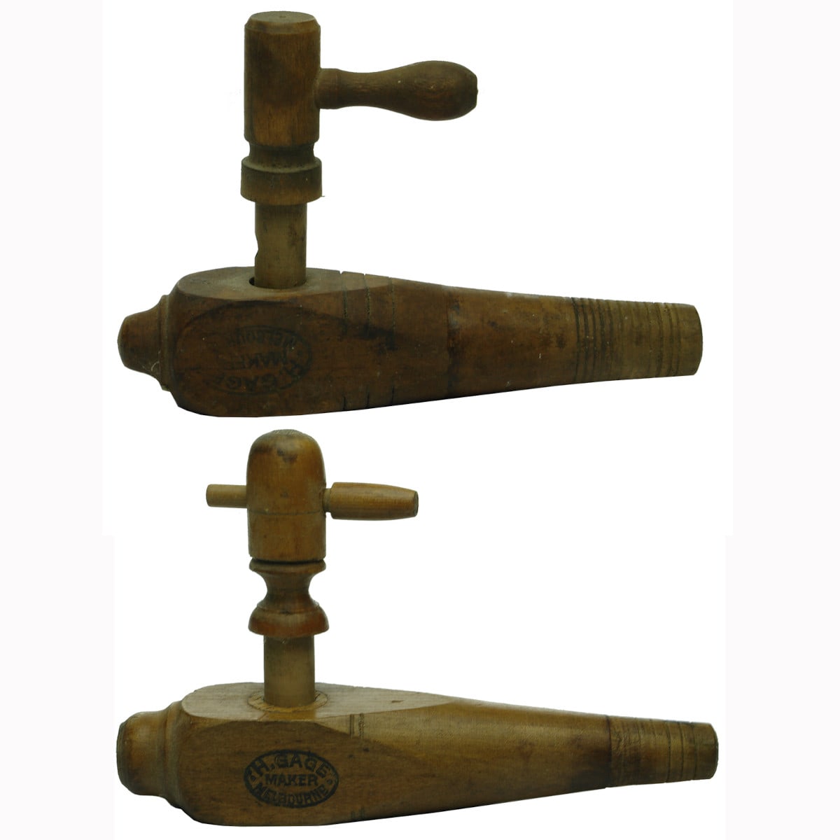 Pair of Gage Melbourne Wooden Barrel Taps. Size 1 and 2.