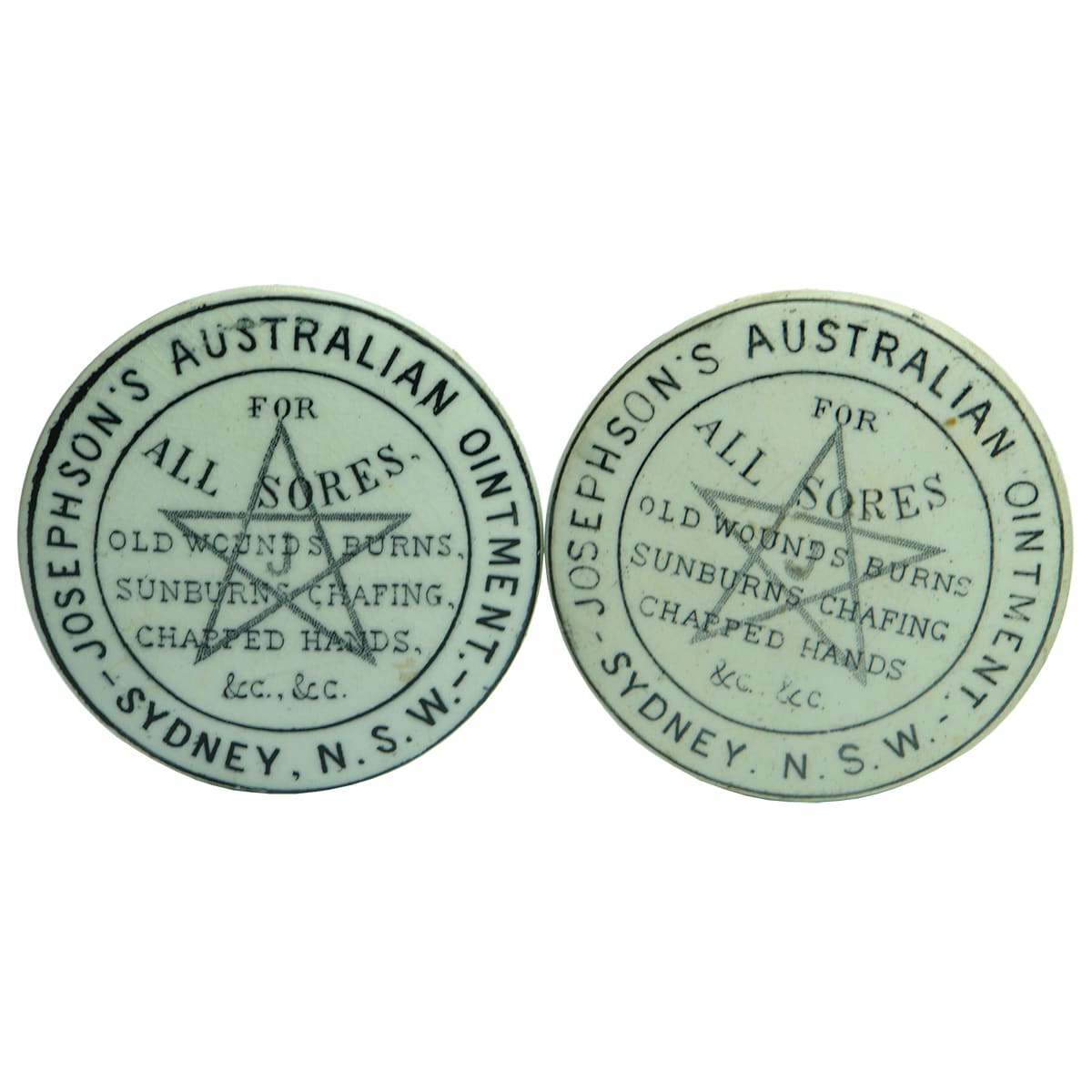 Pair of small Josephson's Australian Ointment Lids.