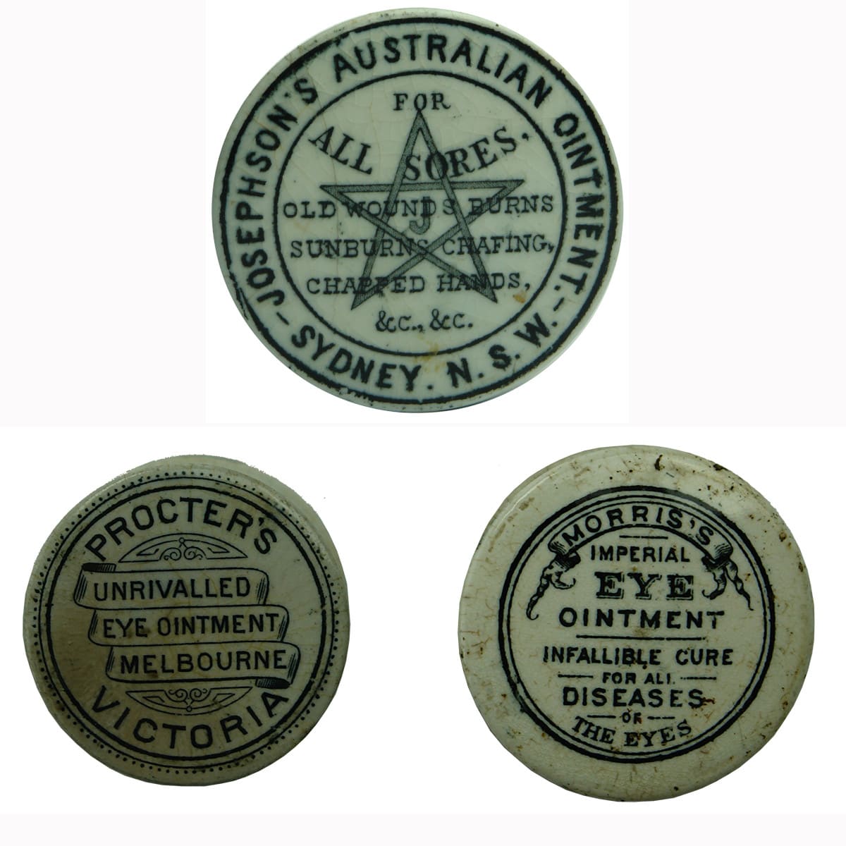 Three Australian Pot Lids: Josephson's Australian Ointment; Procter's Eye Ointment; Morris's Eye Ointment.