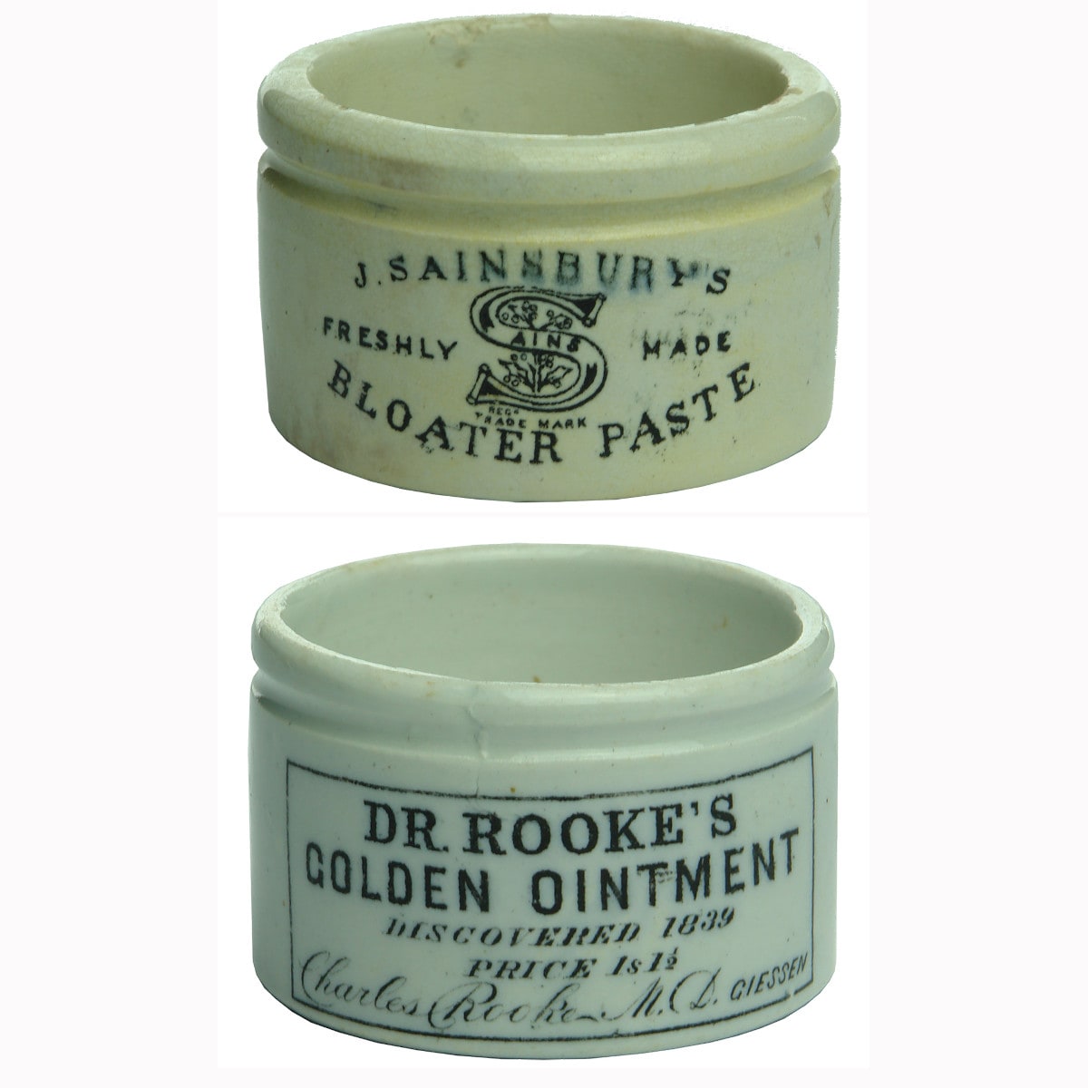 Pair of printed pots: Sainsbury's Bloater Paste and Dr Rooke's Golden Ointment.