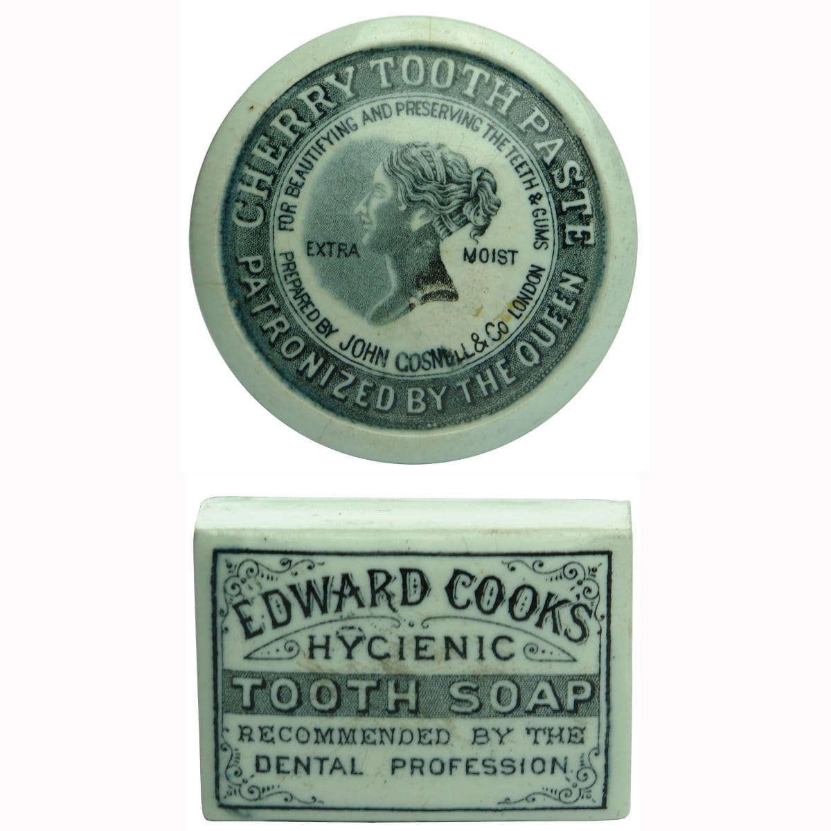 Pair of Tooth Paste Pot Lids: Gosnell Queens Head and Edward Cook's