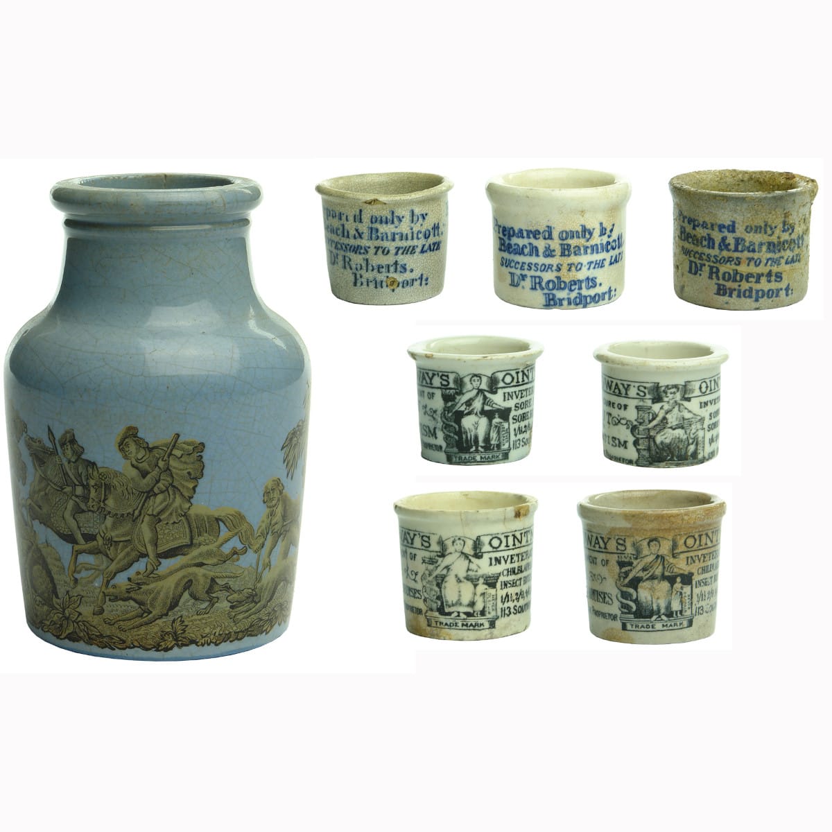 Seven ointment pots and a prattware jar.