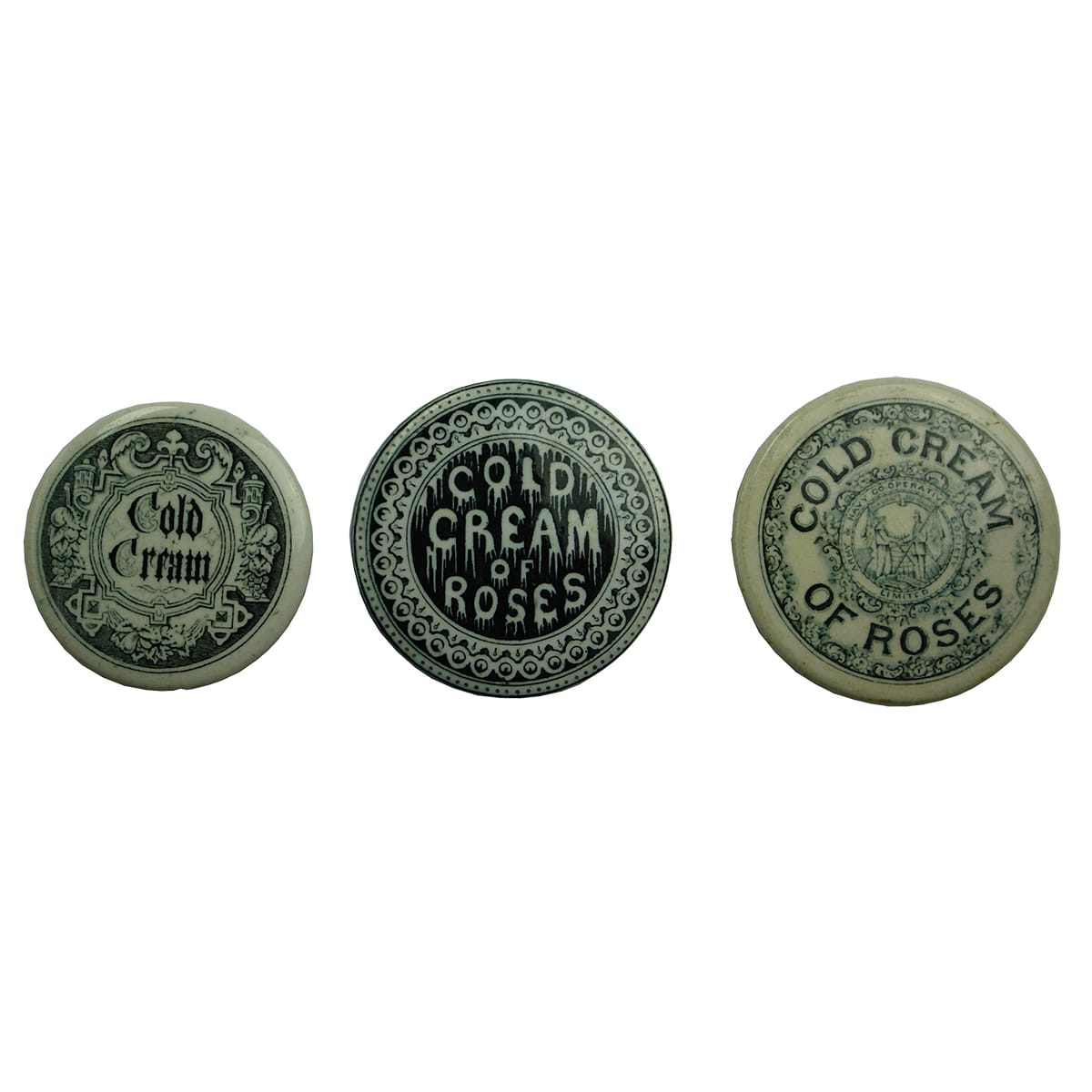 Three Cold Cream Pot Lids: Army & Navy and two generics.