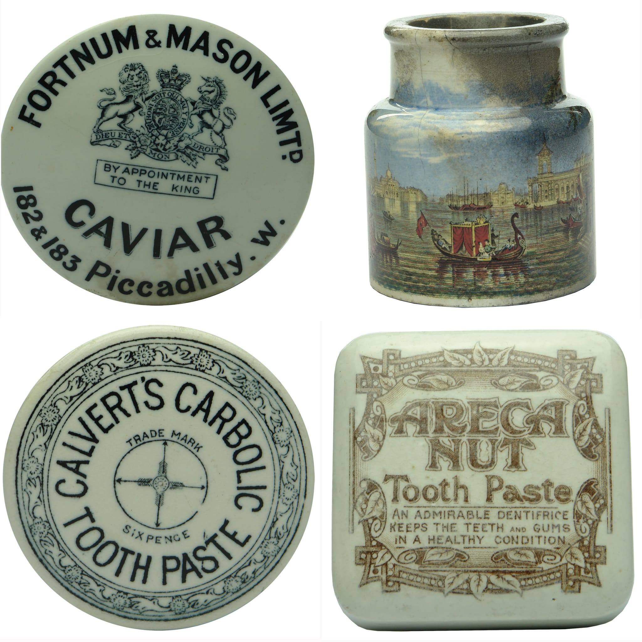 Four Pot Lids: Fortnum & mason; Prattware Venice; Calverts; Areca Nut generic.