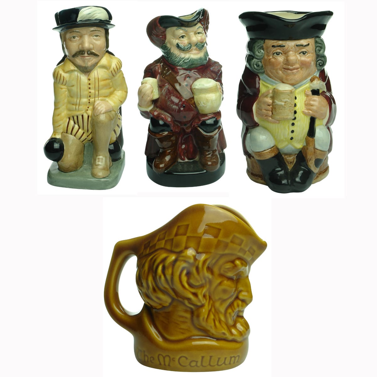 Four items: Three Royal Doulton Toby Jugs and an Elischer Character Jug.