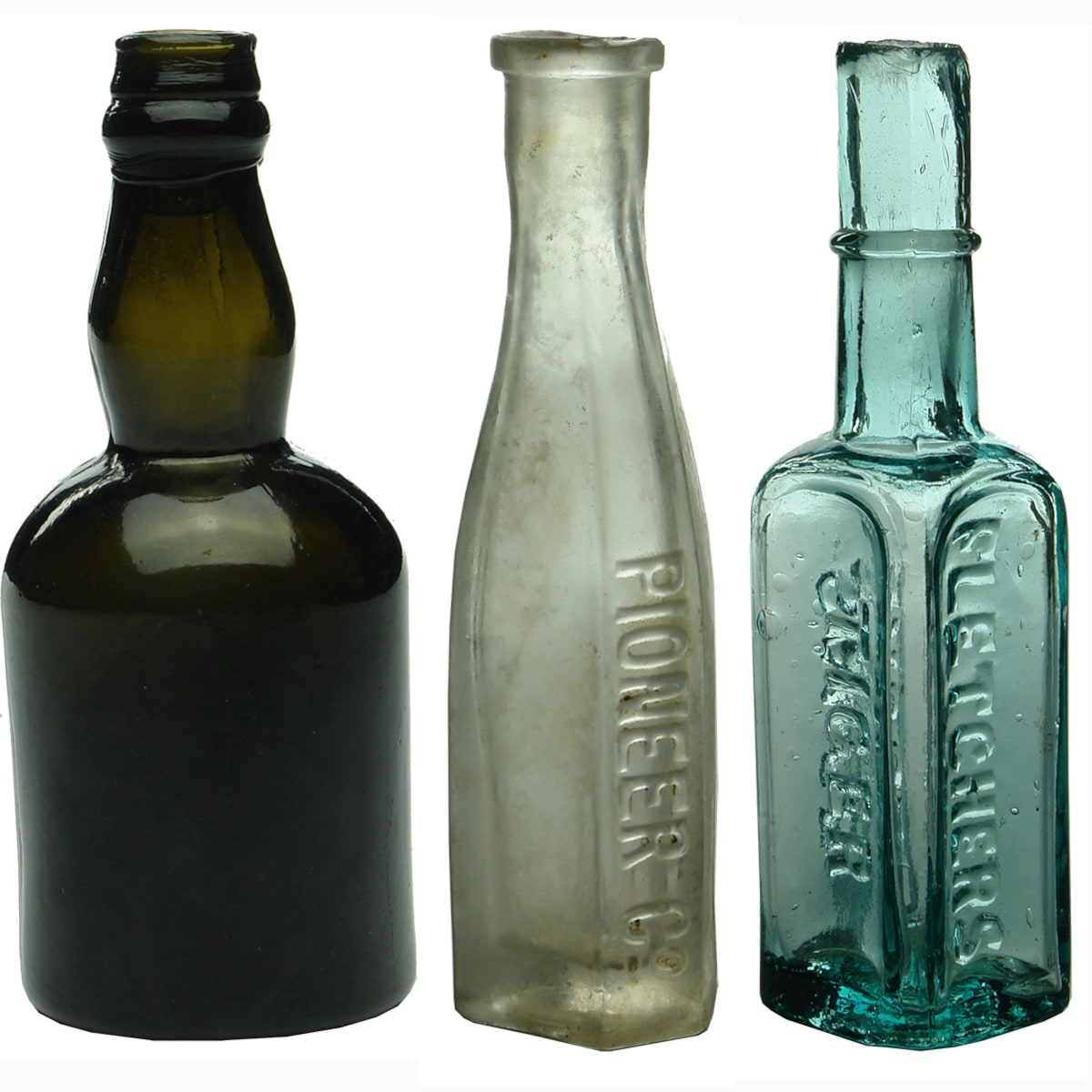 Three Sample Bottles: Whisky; Pioneer Co; Fletchers Tiger Sauce.