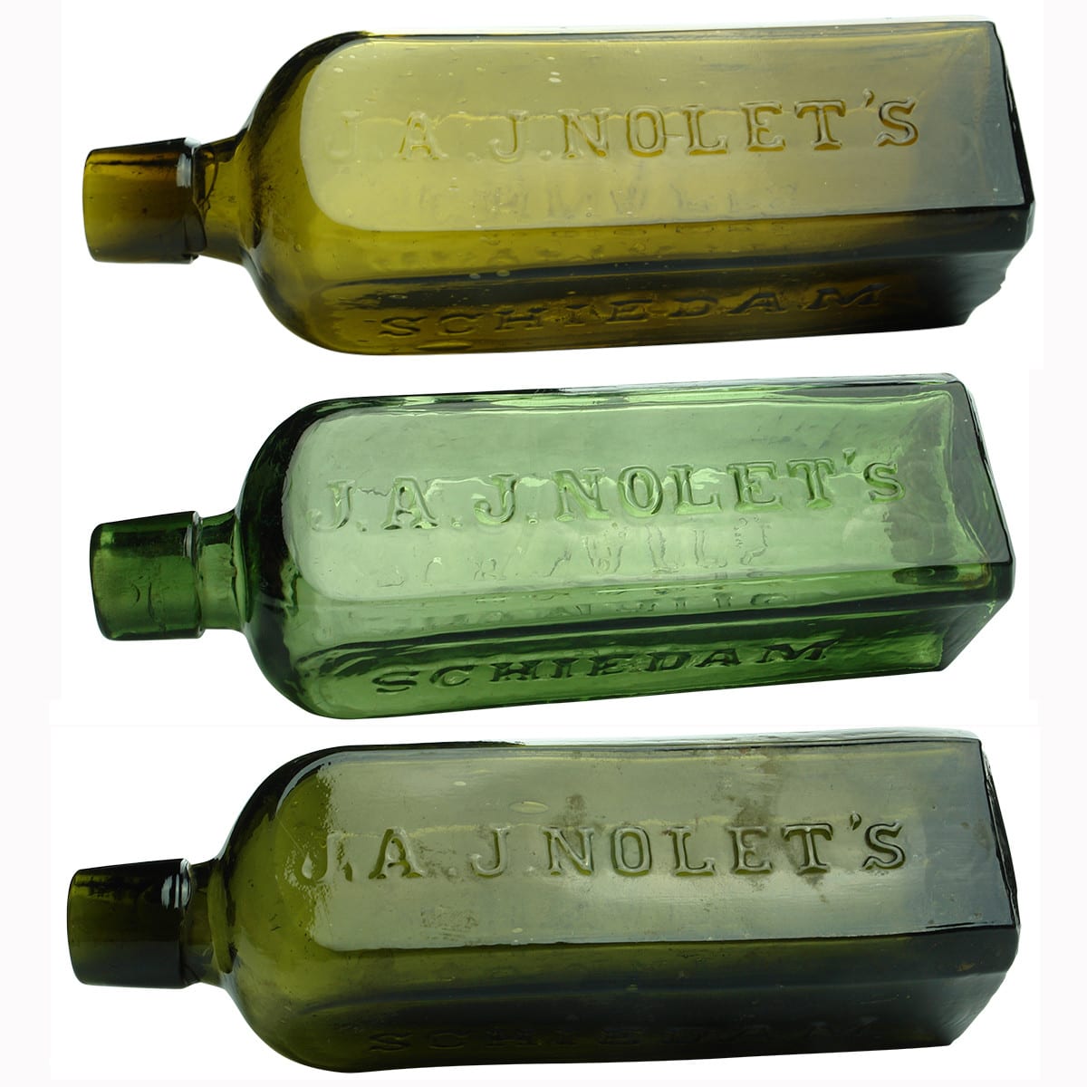 Three J. A. J. Nolet's Schnapps. Half Size. Different shades of Green.