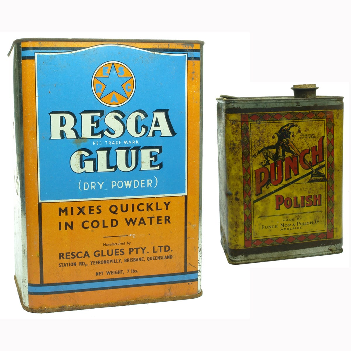 Pair of Tins: Resca Glues and Punch Mop & Polish Co.