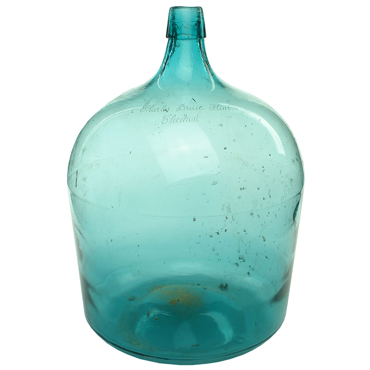Demijohn. Charles Bruce Flint Chemist. Glass. Light Green. 3 gallon? (South Australia)