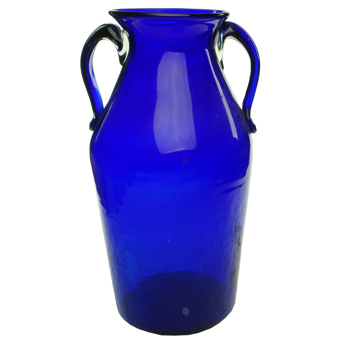 Giant blue vase with two handles. Pontil to base.