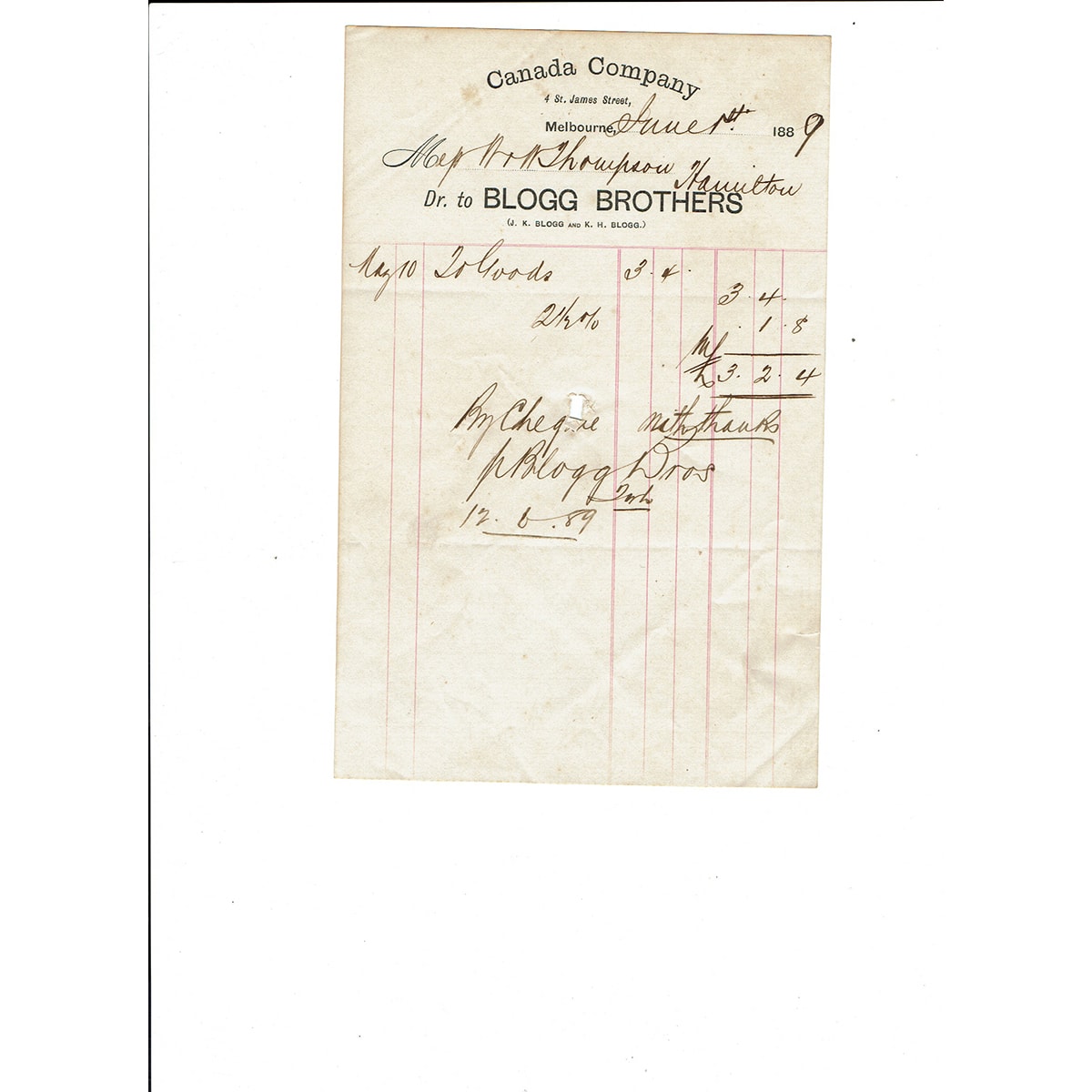 Invoice/Letterhead. Canada Company, Blogg Brothers, Melbourne. 1889. (Victoria)
