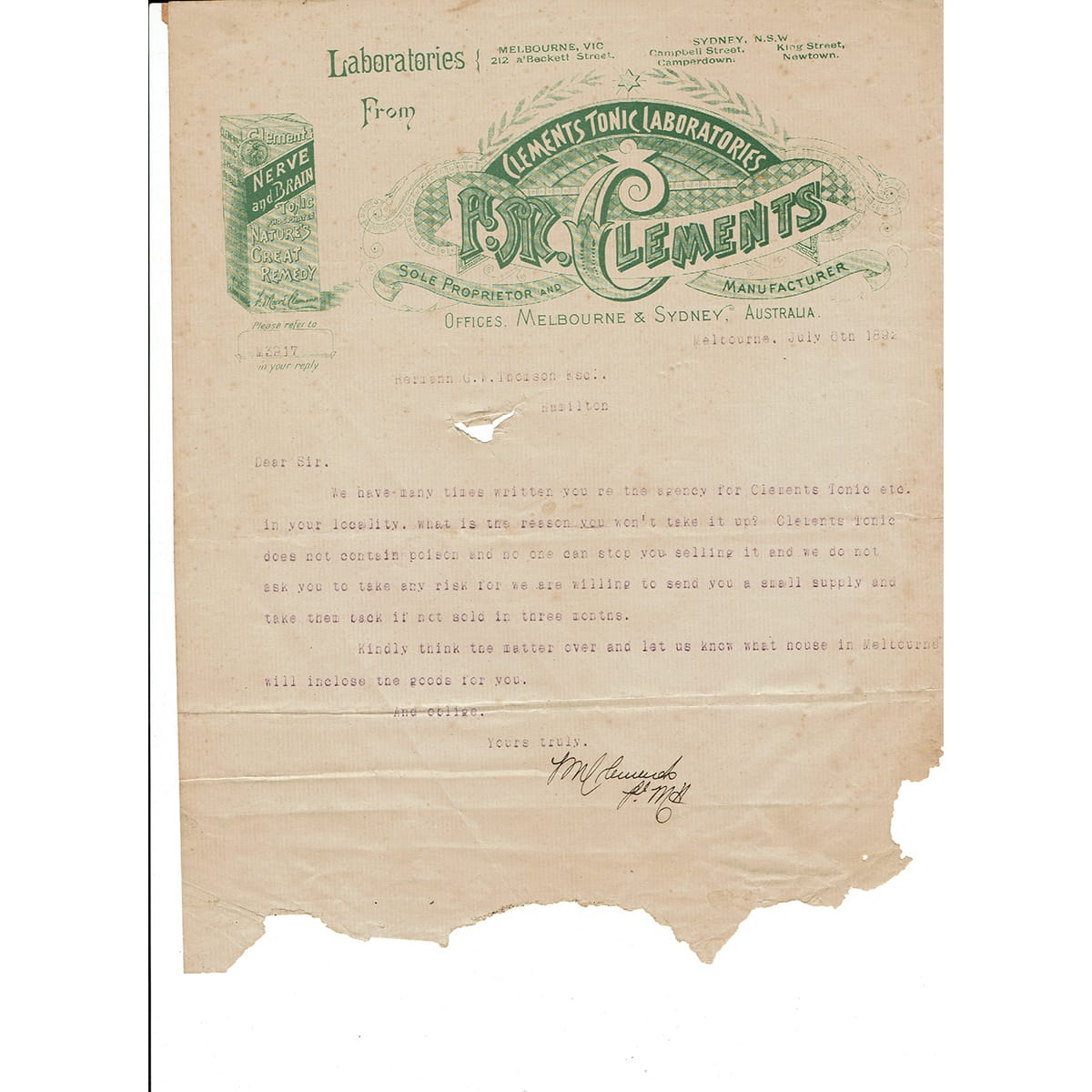 Invoice/Letterhead. Clements Tonic Laboratories. 1892. (Victoria & New South Wales)