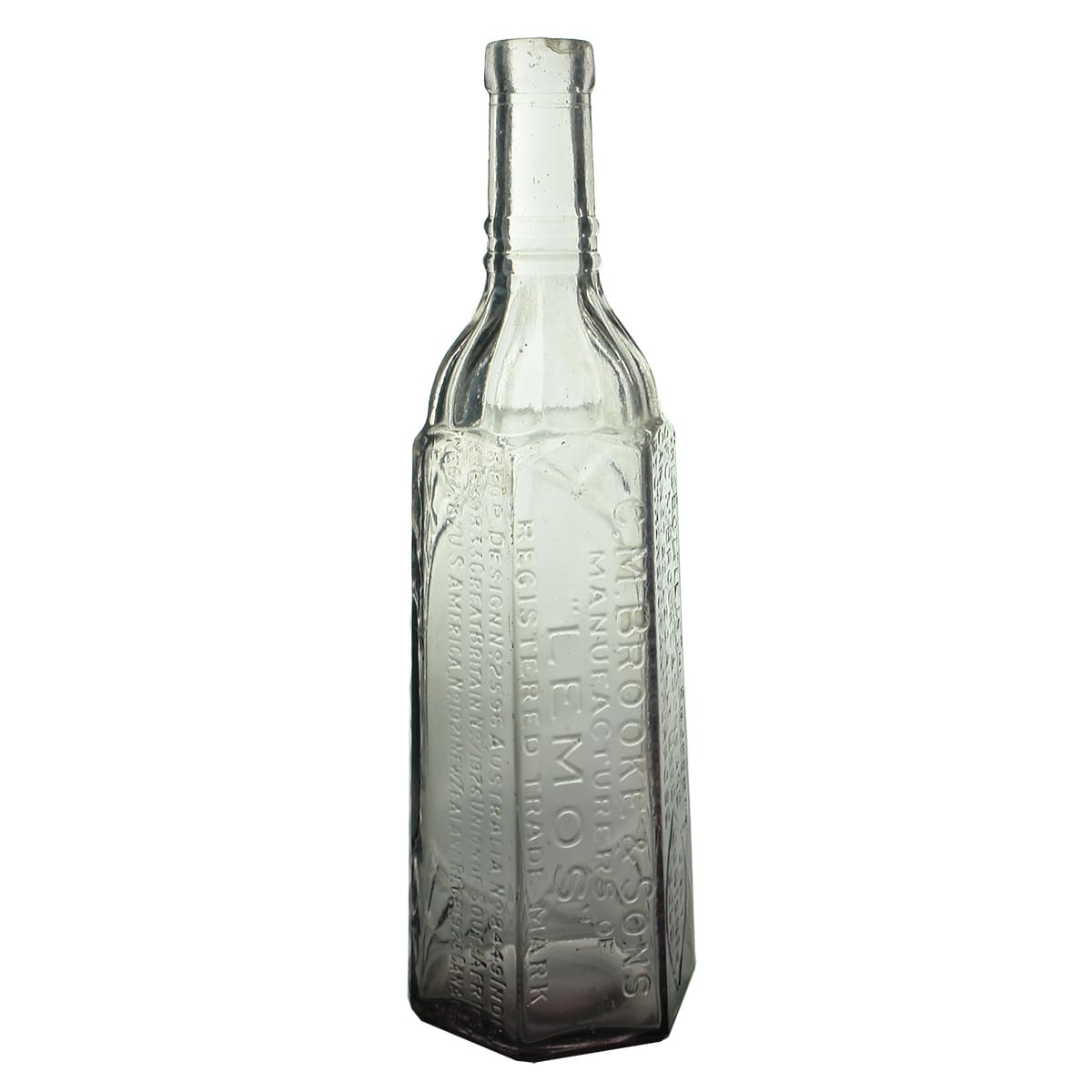 Cordial. Brooke & Sons. Lemos. Multiple countries listed for the registered design of the bottle. Light sun coloured amethyst. 26 oz.