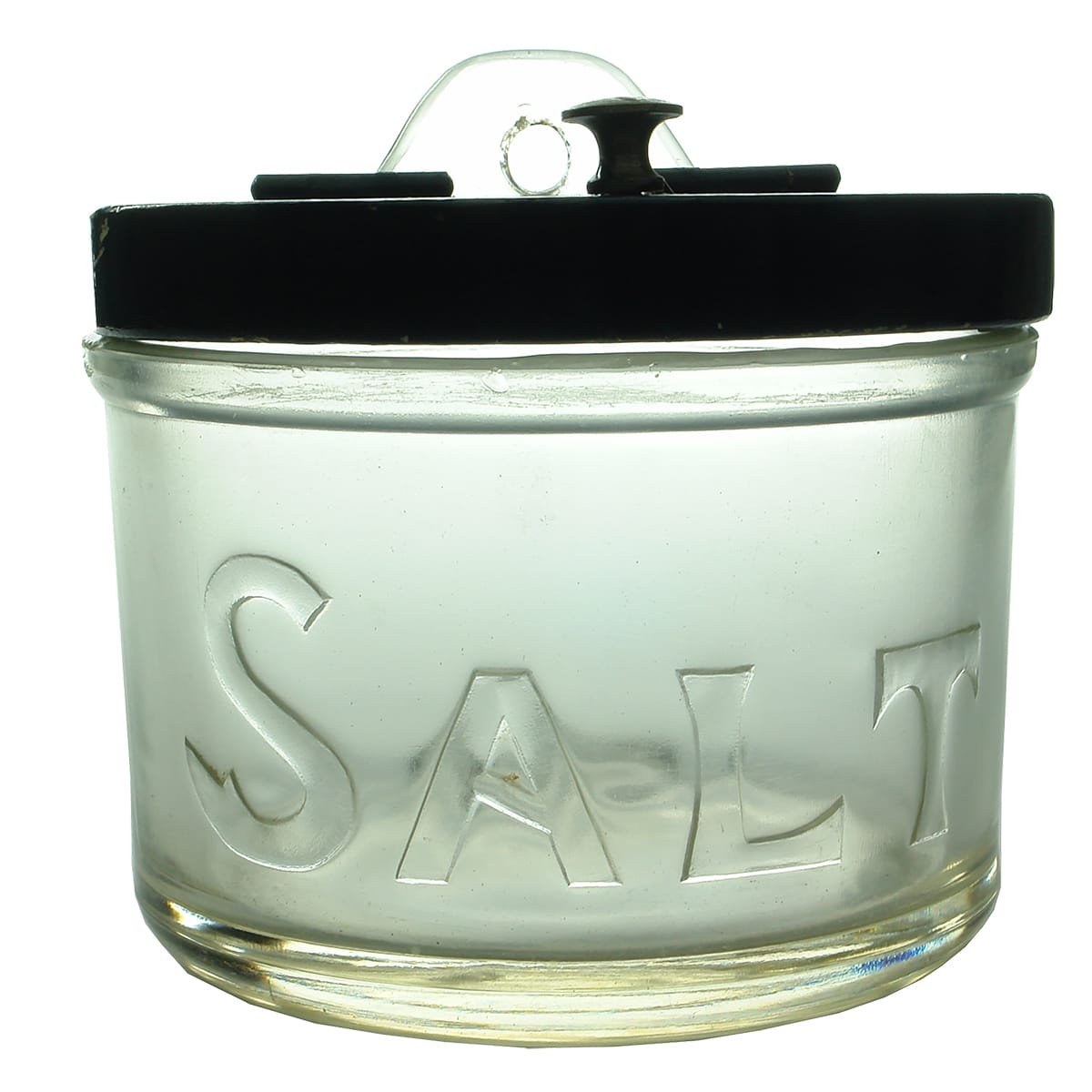 Wall mounted large glass SALT jar with wooden lid.