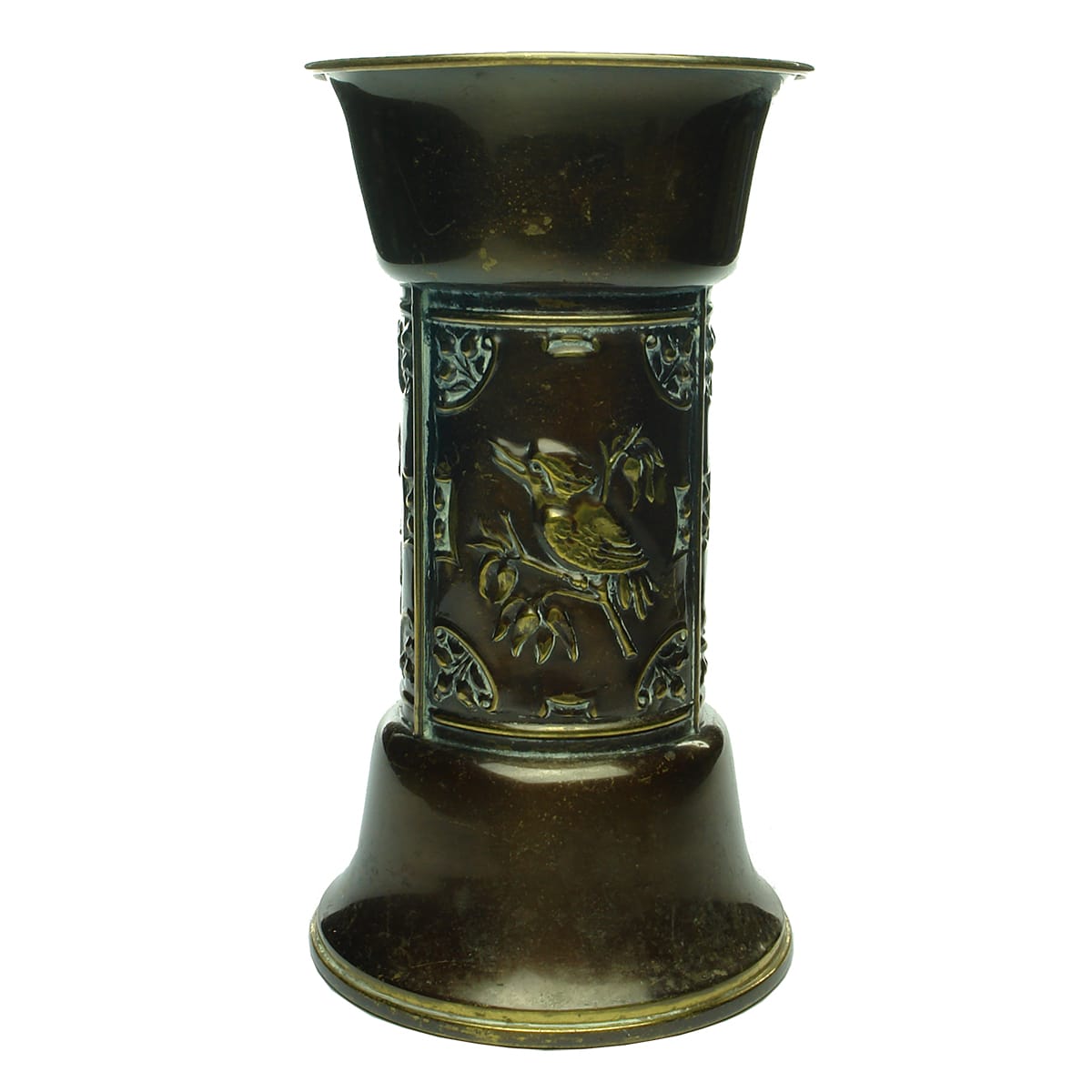 Brass Vase. Kookaburra on Gum Leaves on three panels. Halah ware Solid Brass.